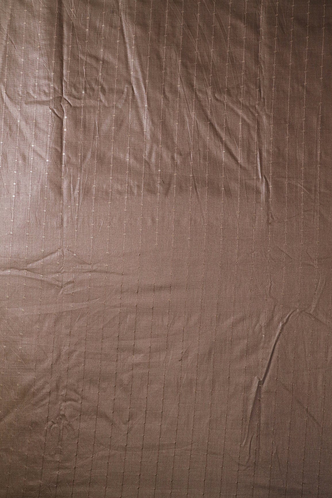 Beautiful Coco Brown Thread With Gold Sequins Stripes Embroidery On Coco Brown Viscose Chanderi Silk Fabric - doeraa