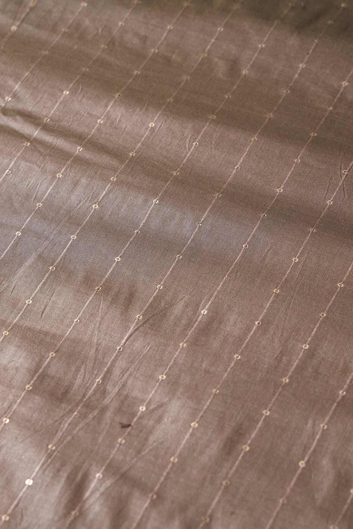 Beautiful Coco Brown Thread With Gold Sequins Stripes Embroidery On Coco Brown Viscose Chanderi Silk Fabric - doeraa