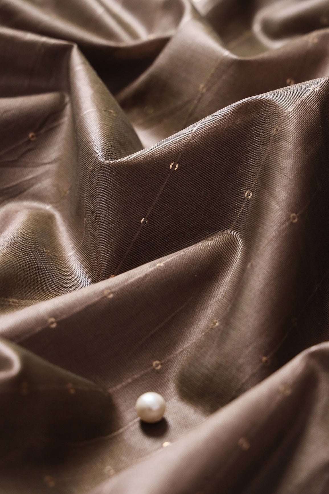 Beautiful Coco Brown Thread With Gold Sequins Stripes Embroidery On Coco Brown Viscose Chanderi Silk Fabric - doeraa