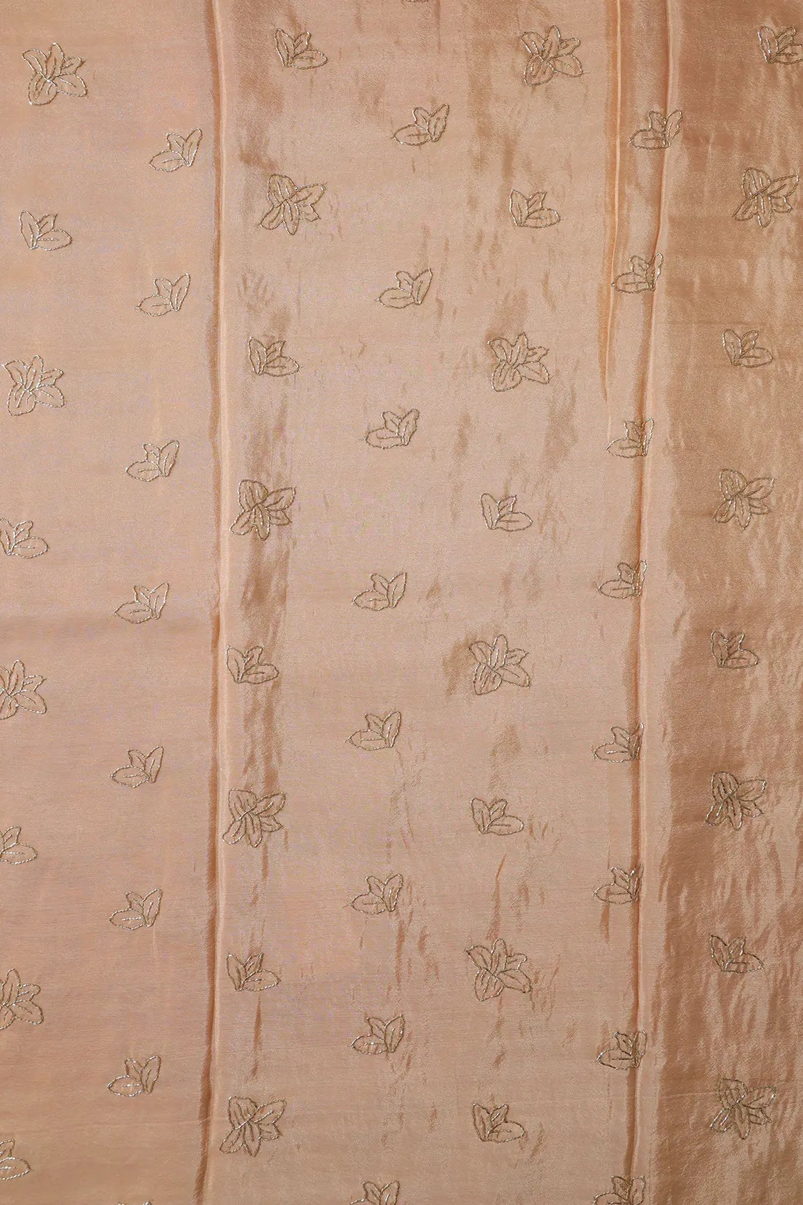 Beautiful Cut Dana Beads Floral Embroidery Work On Beige Pure Viscose Zari Tissue Fabric - doeraa