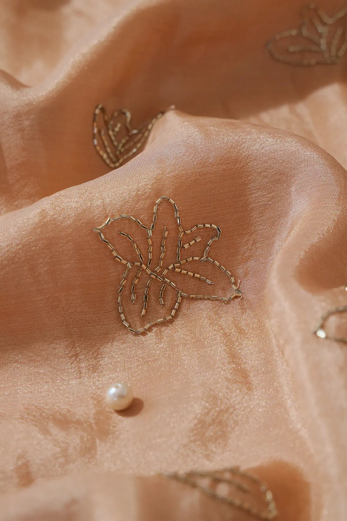 Beautiful Cut Dana Beads Floral Embroidery Work On Beige Pure Viscose Zari Tissue Fabric - doeraa