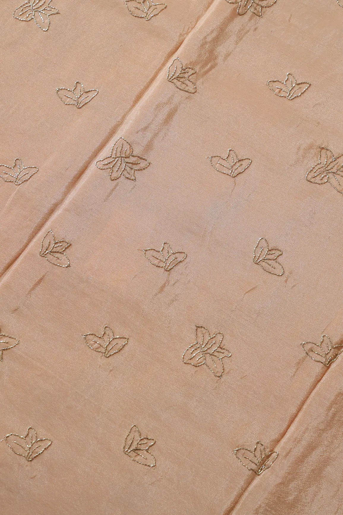 Beautiful Cut Dana Beads Floral Embroidery Work On Beige Pure Viscose Zari Tissue Fabric - doeraa