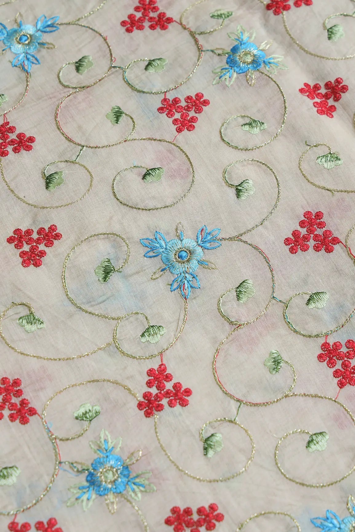 Beautiful Floral Embroidery Work On Off White Chanderi Fabric - doeraa