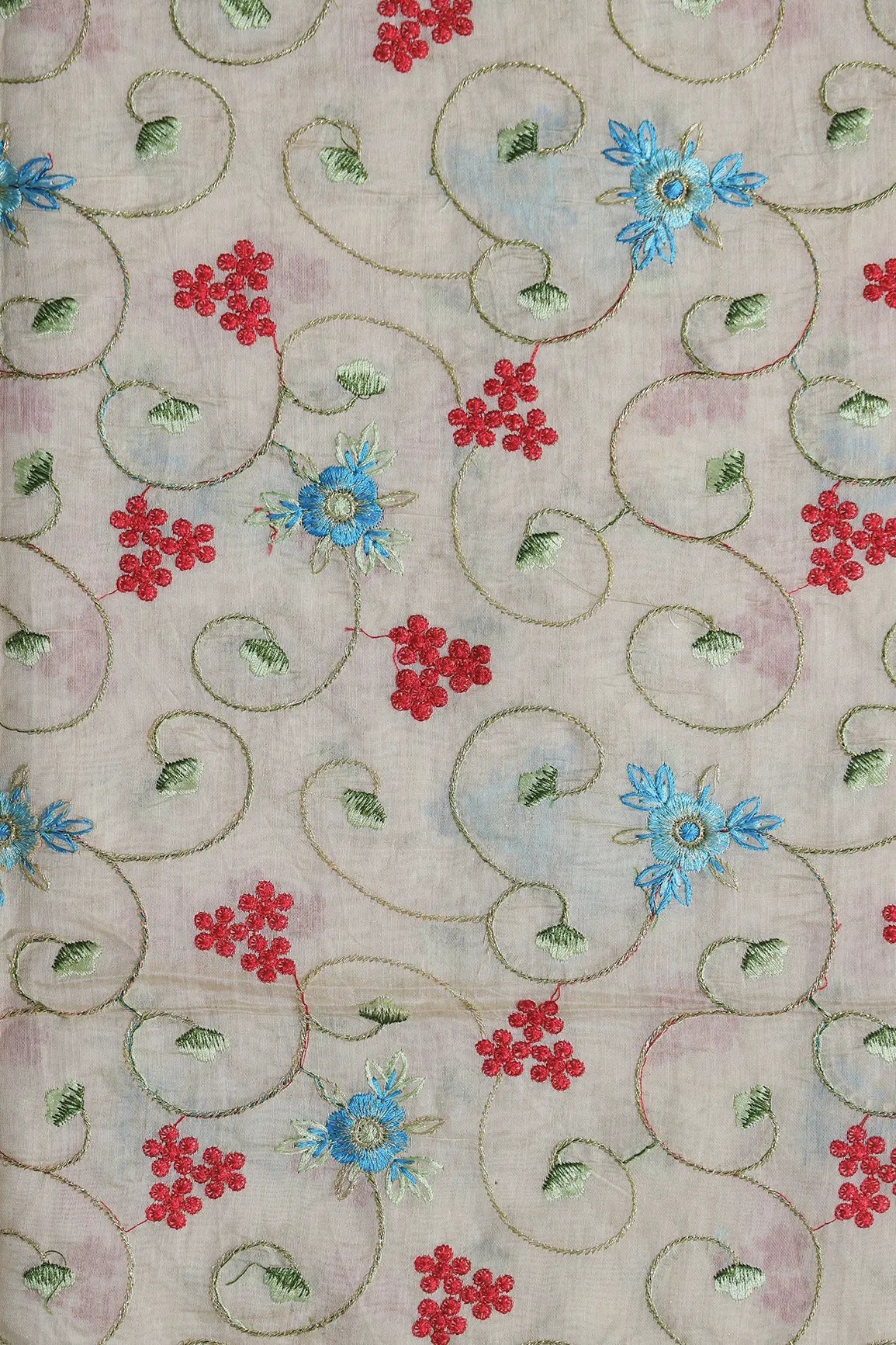 Beautiful Floral Embroidery Work On Off White Chanderi Fabric - doeraa