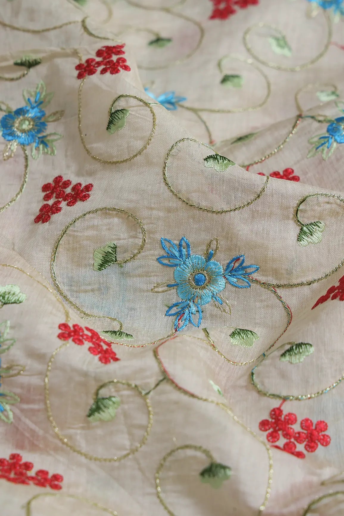 Beautiful Floral Embroidery Work On Off White Chanderi Fabric - doeraa