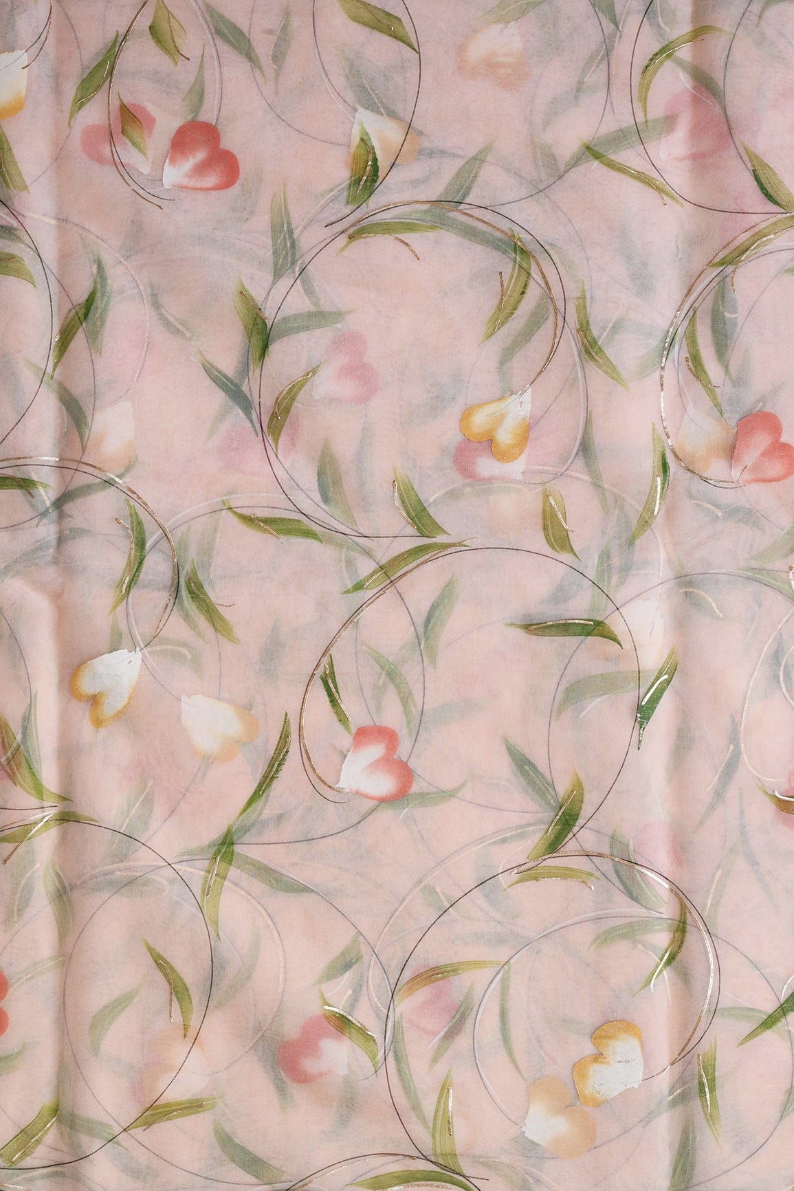 Beautiful Floral Hand Painted With Foil Work On Peach Organza Fabric - doeraa