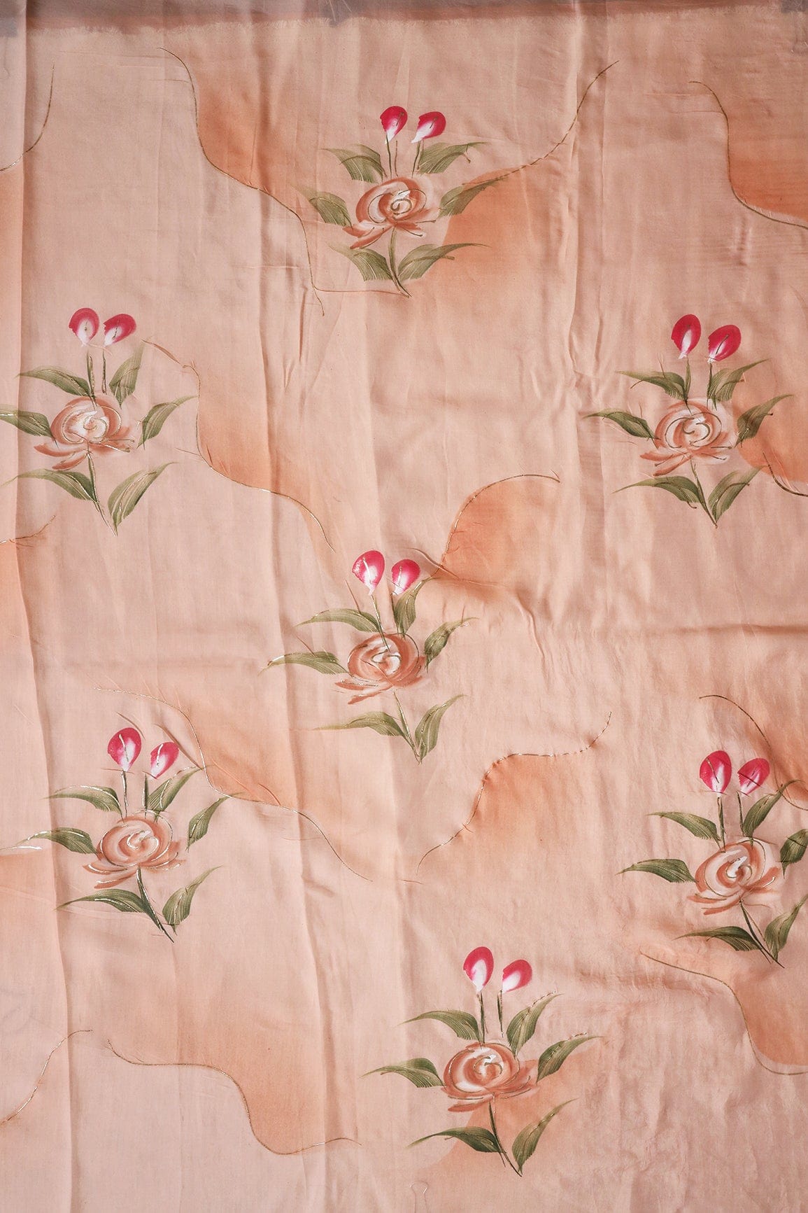Beautiful Floral Hand Painted With Foil Work On Peach Pure Organza Saree ( 5.5 Meters) - doeraa