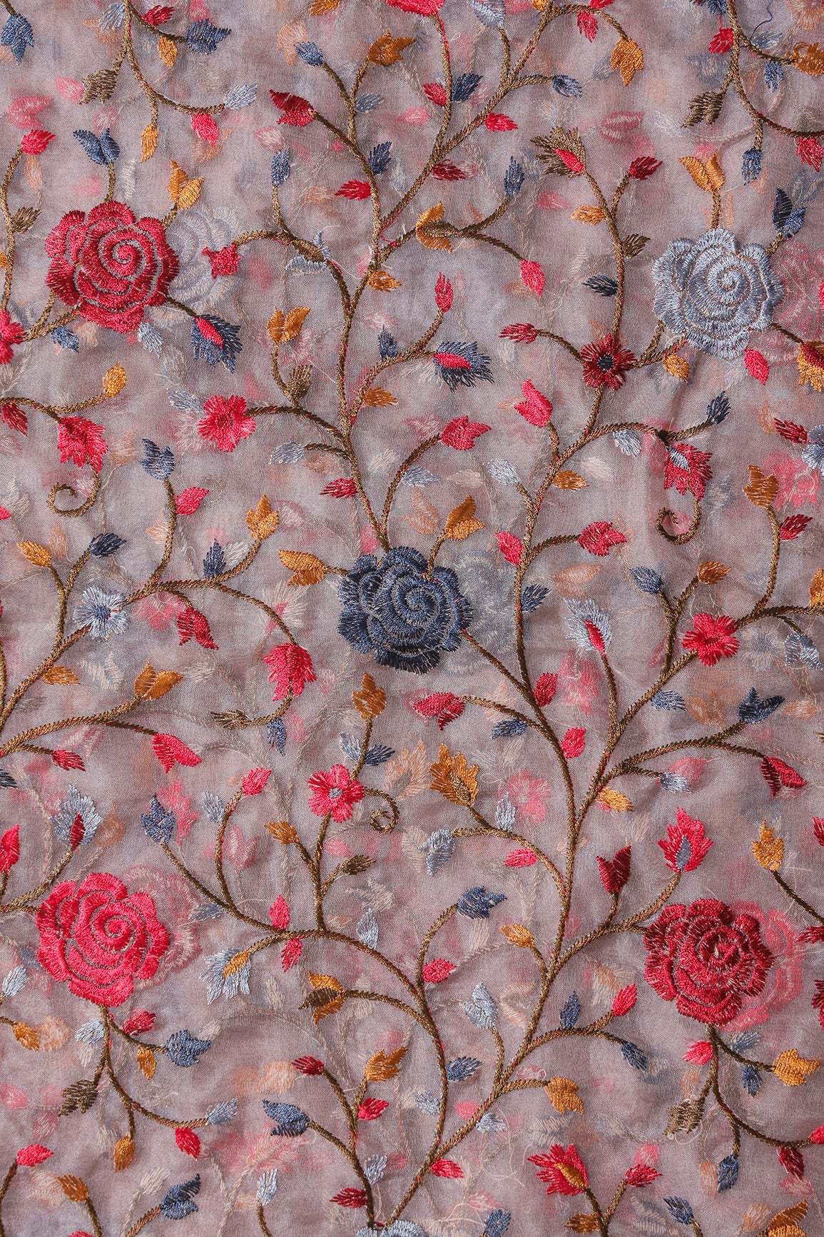 Beautiful Floral Multi Color Thread with Sequins Embroidery Work On Mauve Organza Fabric - doeraa