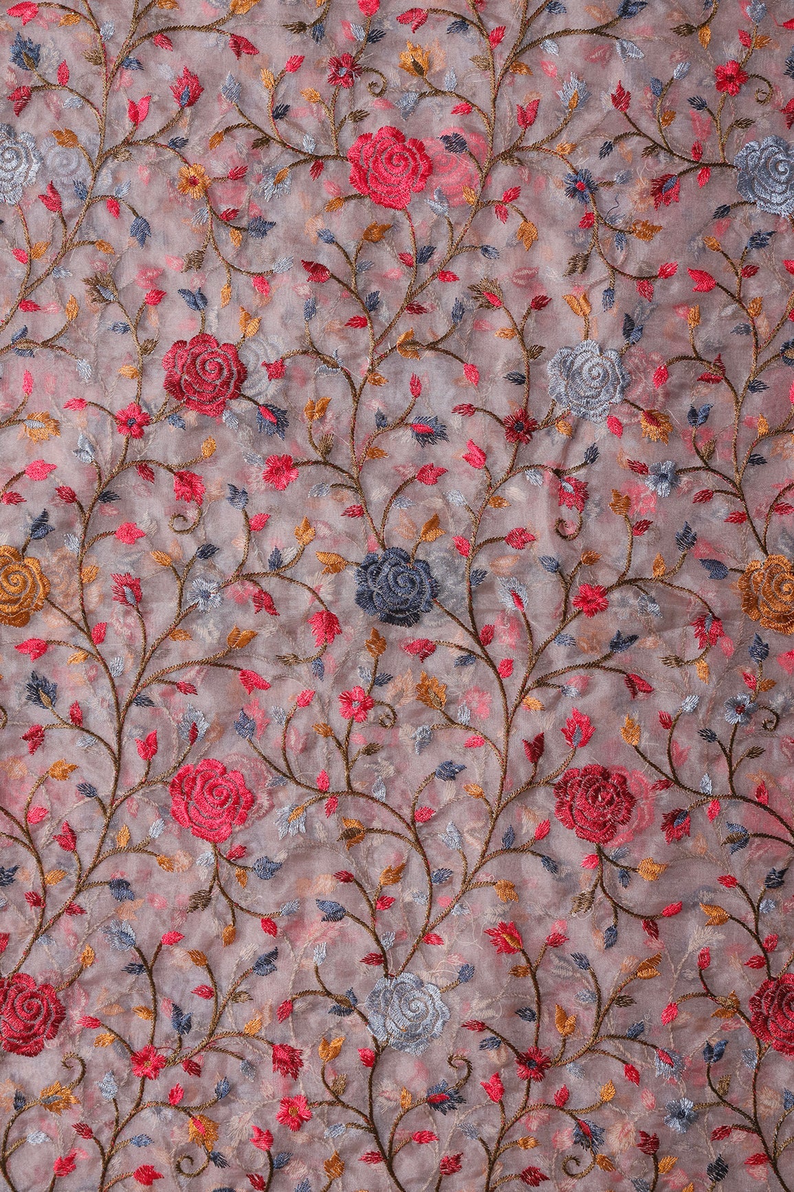 Beautiful Floral Multi Color Thread with Sequins Embroidery Work On Mauve Organza Fabric - doeraa