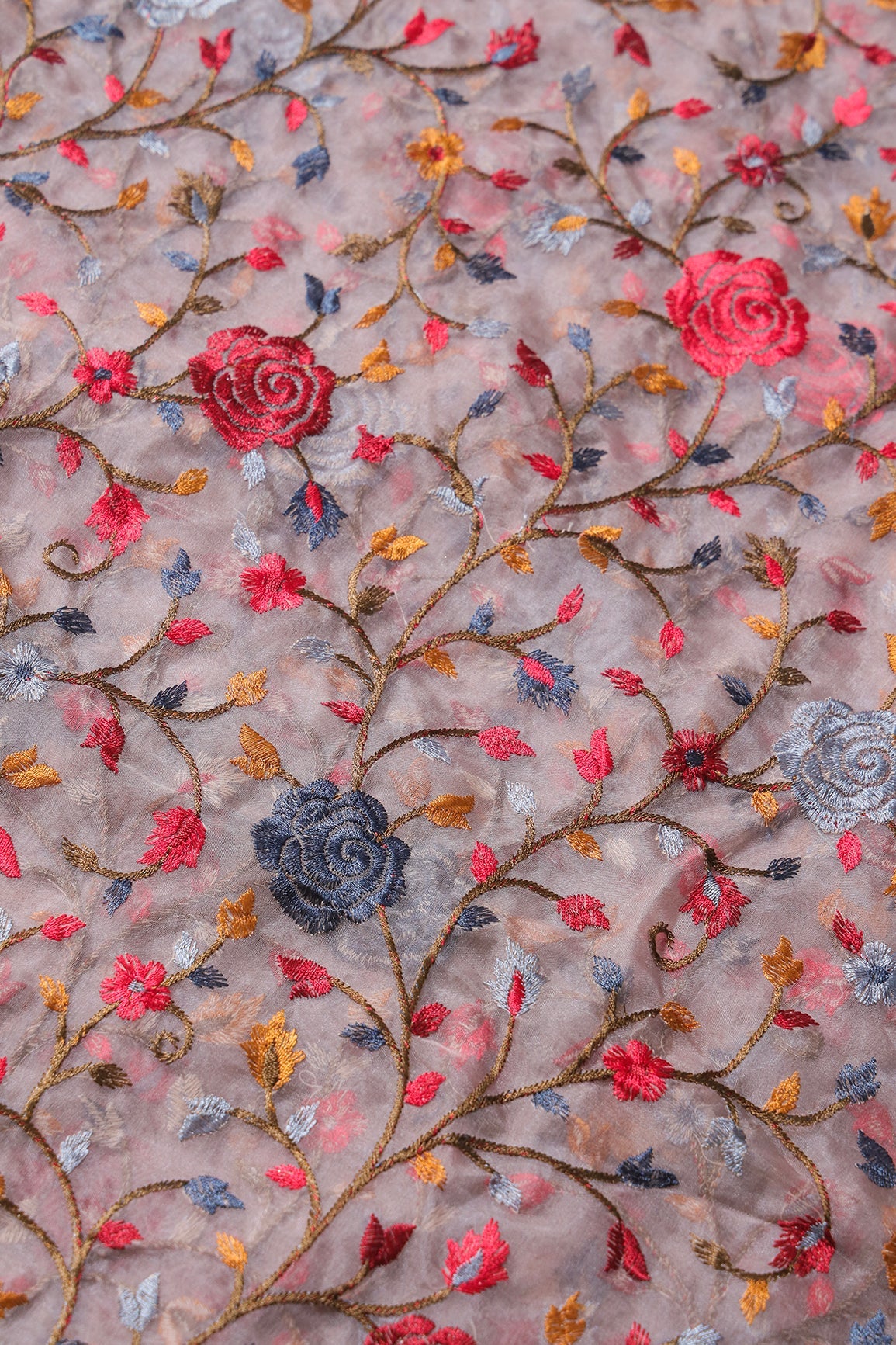 Beautiful Floral Multi Color Thread with Sequins Embroidery Work On Mauve Organza Fabric - doeraa