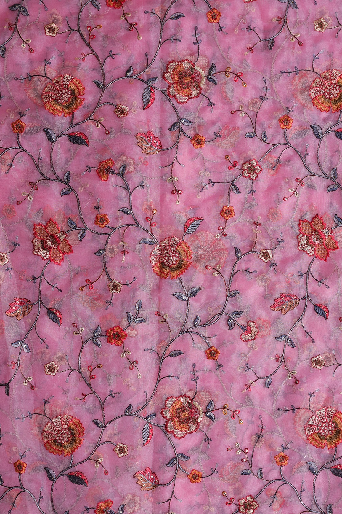 Beautiful Floral Multi Color Thread with Sequins Embroidery Work On Pink Organza Fabric - doeraa
