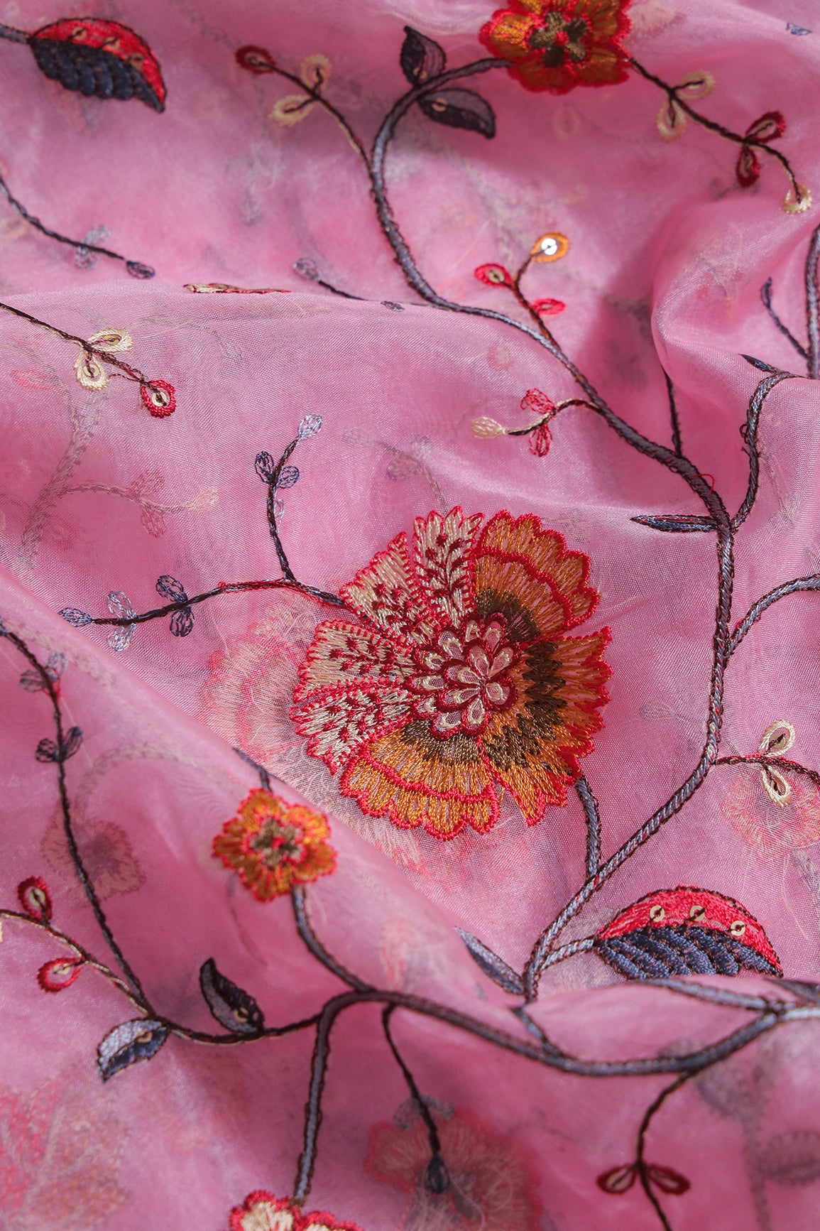Beautiful Floral Multi Color Thread with Sequins Embroidery Work On Pink Organza Fabric - doeraa