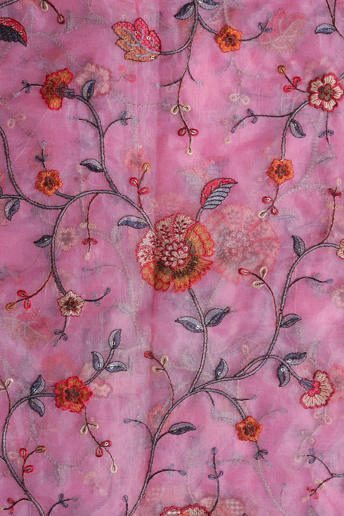 Beautiful Floral Multi Color Thread with Sequins Embroidery Work On Pink Organza Fabric - doeraa
