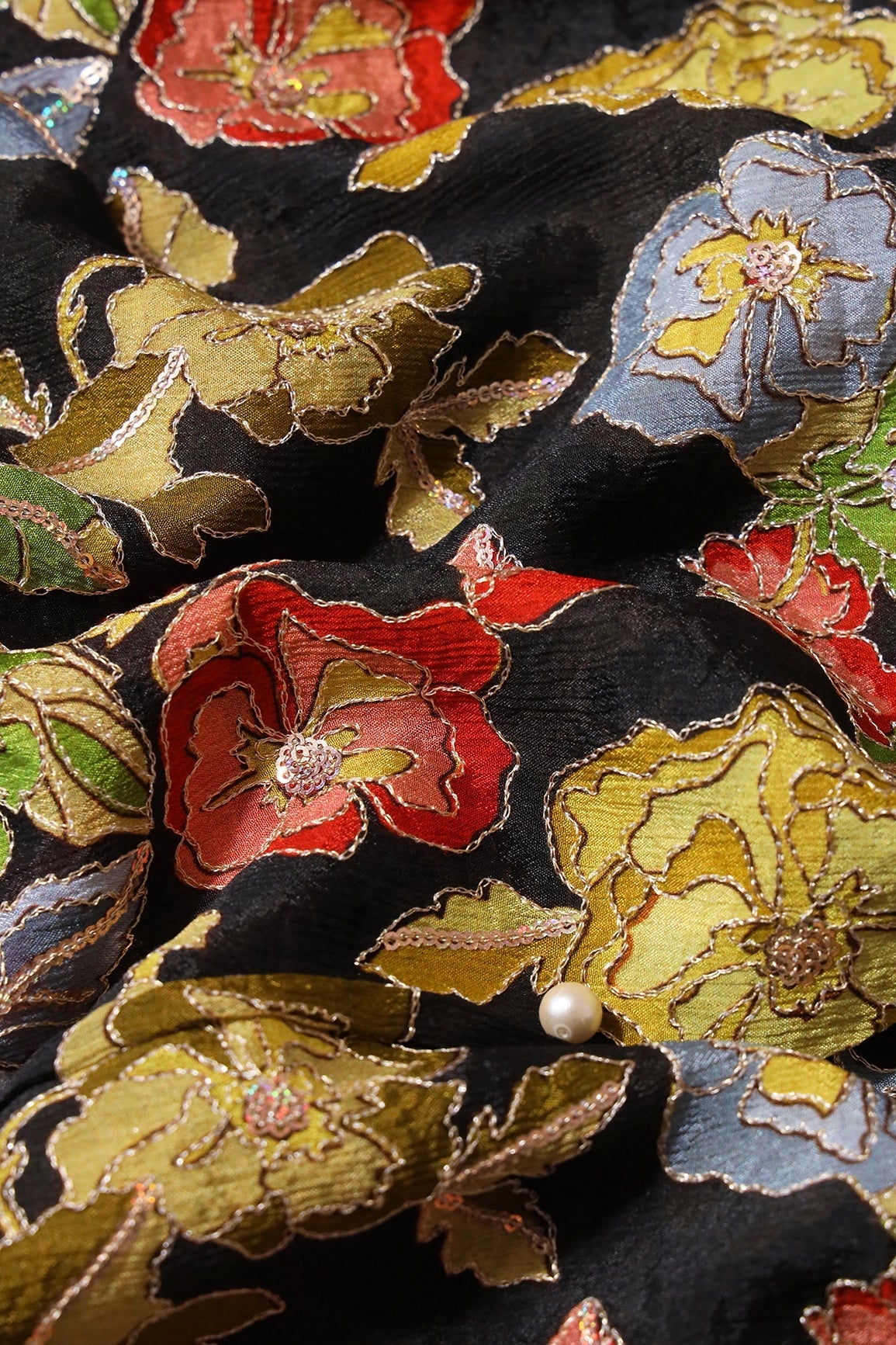 Beautiful Floral Position Print On Sequins Embroidery Black Viscose Chinnon Chiffon Fabric - doeraa