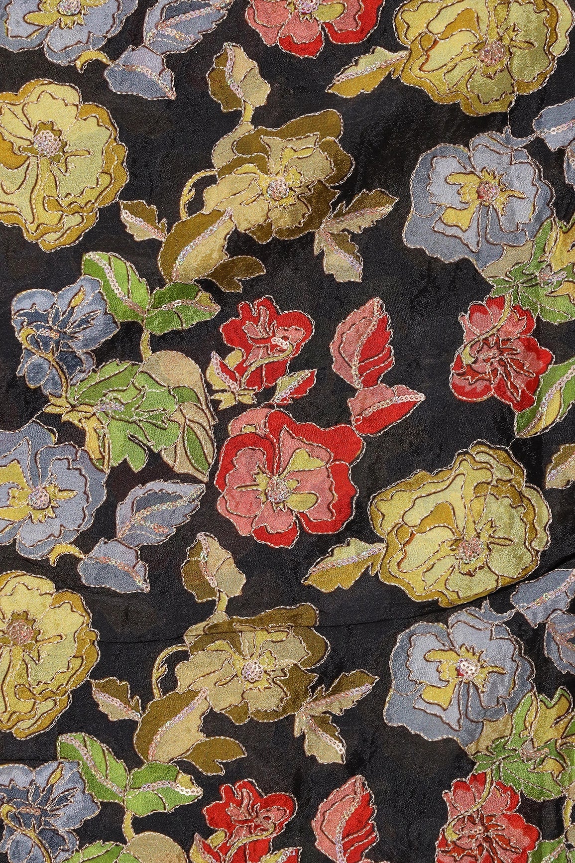 Beautiful Floral Position Print On Sequins Embroidery Black Viscose Chinnon Chiffon Fabric - doeraa