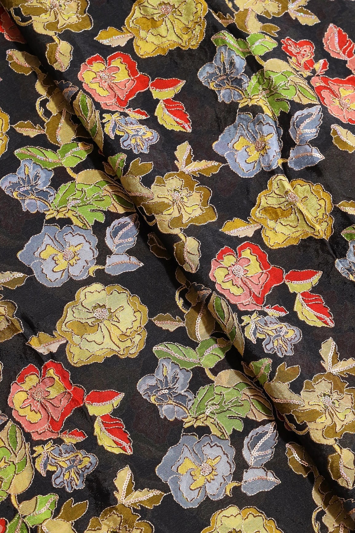 Beautiful Floral Position Print On Sequins Embroidery Black Viscose Chinnon Chiffon Fabric - doeraa