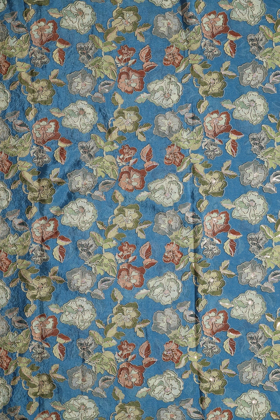 Beautiful Floral Position Print On Sequins Embroidery Cerulean Blue Viscose Chinnon Chiffon Fabric - doeraa