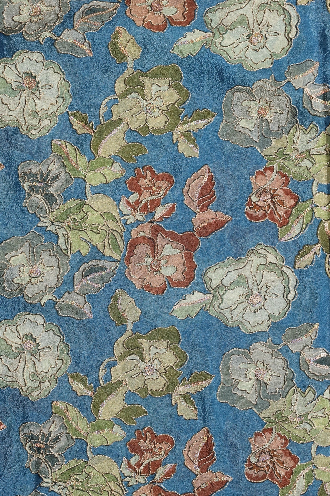 Beautiful Floral Position Print On Sequins Embroidery Cerulean Blue Viscose Chinnon Chiffon Fabric - doeraa