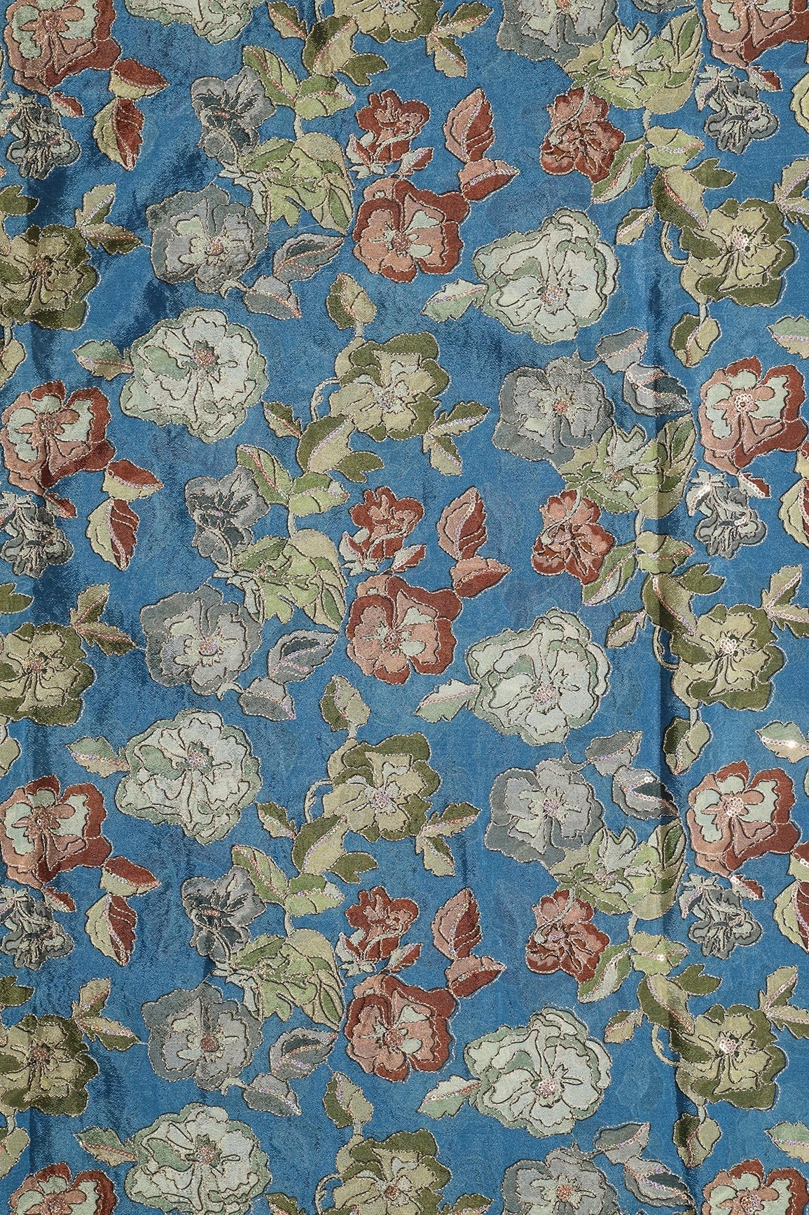Beautiful Floral Position Print On Sequins Embroidery Cerulean Blue Viscose Chinnon Chiffon Fabric - doeraa