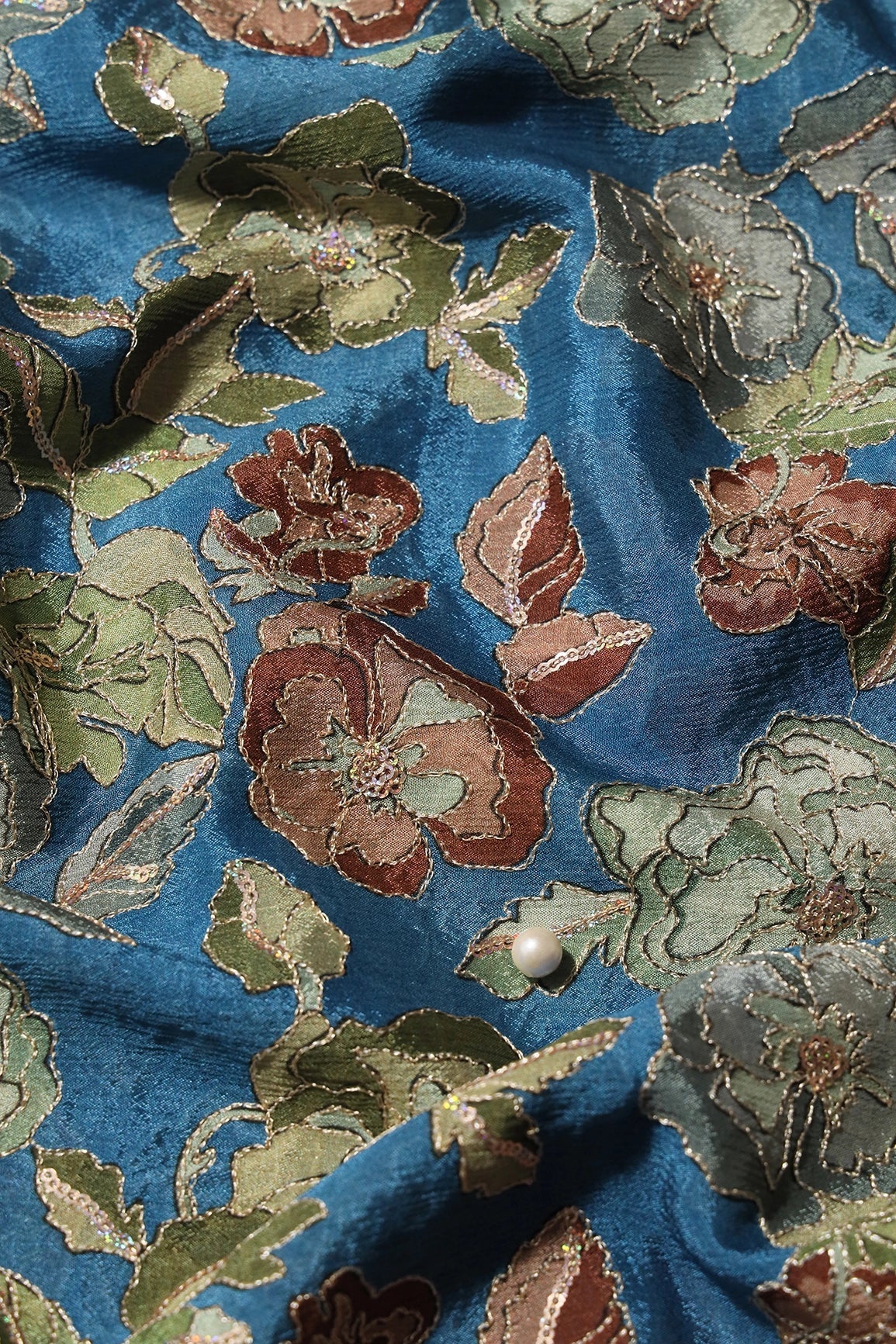 Beautiful Floral Position Print On Sequins Embroidery Cerulean Blue Viscose Chinnon Chiffon Fabric - doeraa