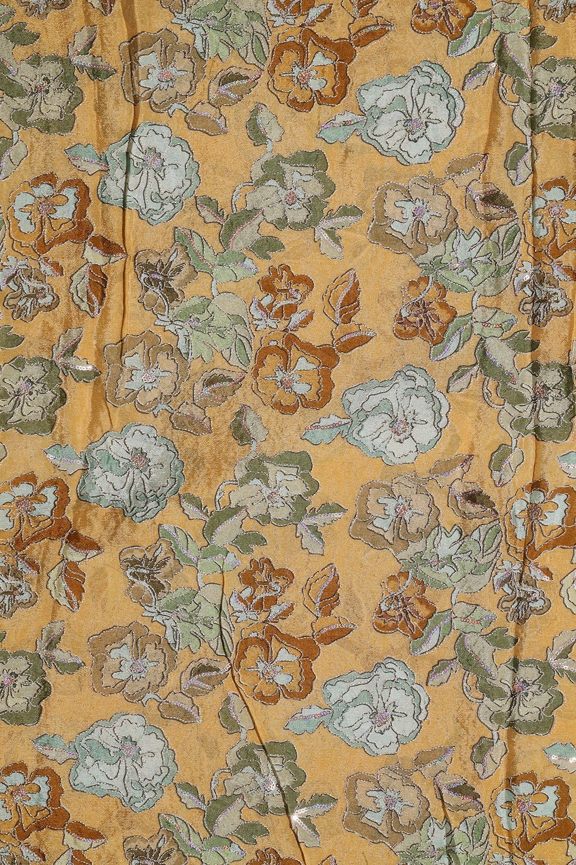 Beautiful Floral Position Print On Sequins Embroidery Mustard Viscose Chinnon Chiffon Fabric - doeraa