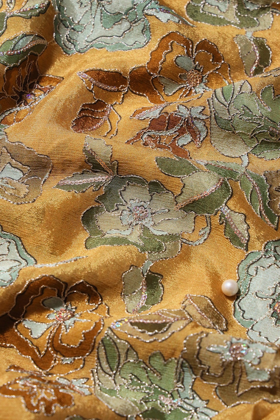 Beautiful Floral Position Print On Sequins Embroidery Mustard Viscose Chinnon Chiffon Fabric - doeraa