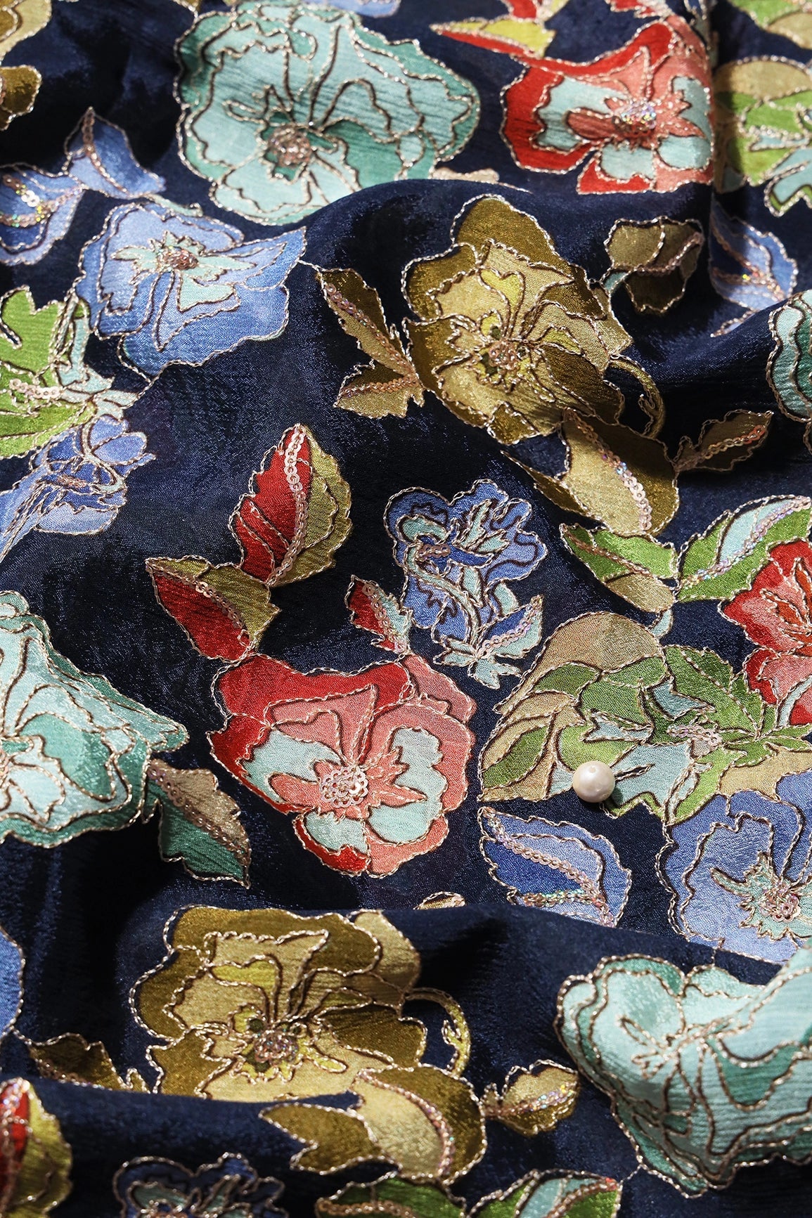 Beautiful Floral Position Print On Sequins Embroidery Navy Blue Viscose Chinnon Chiffon Fabric - doeraa