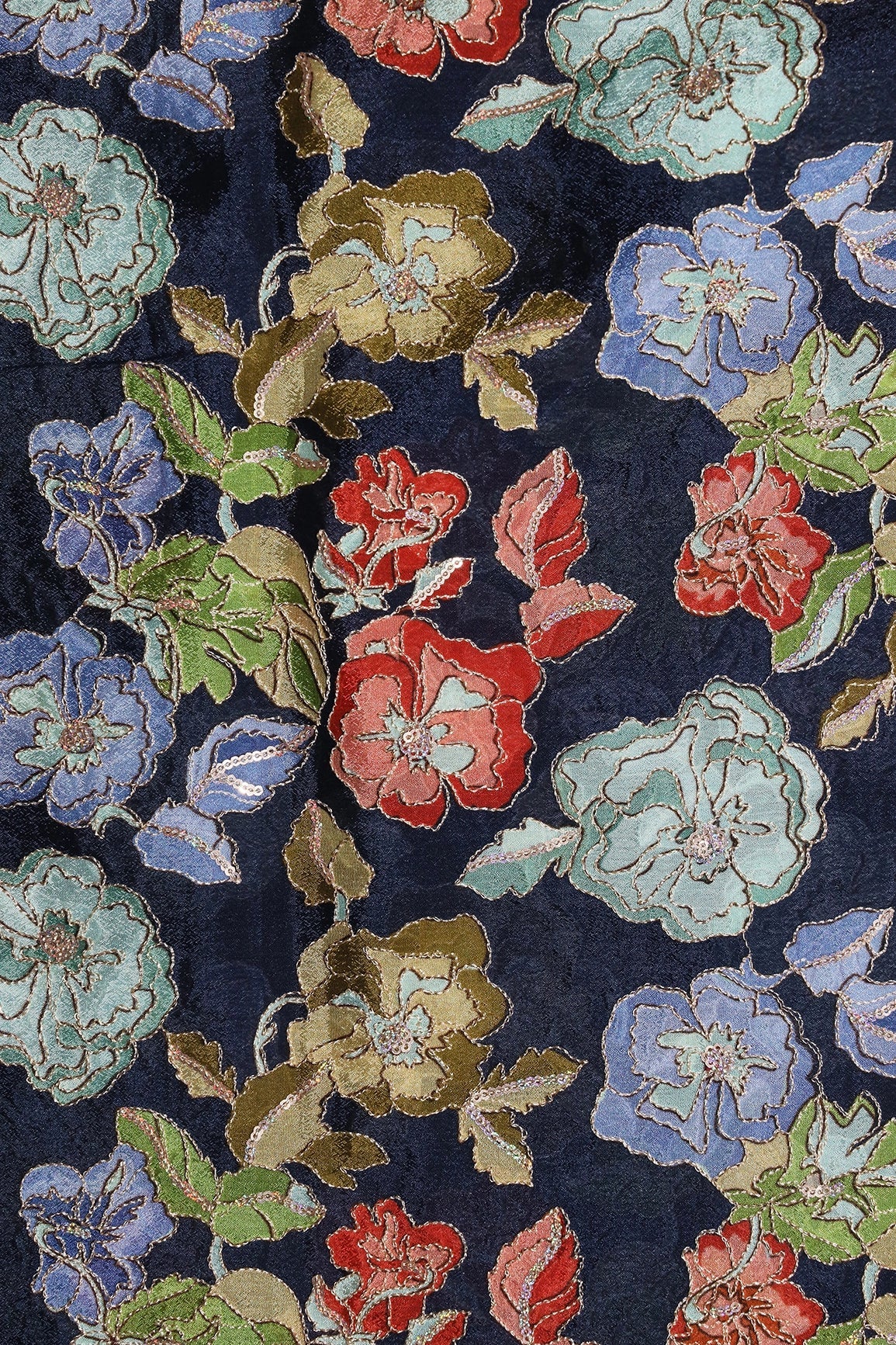 Beautiful Floral Position Print On Sequins Embroidery Navy Blue Viscose Chinnon Chiffon Fabric - doeraa