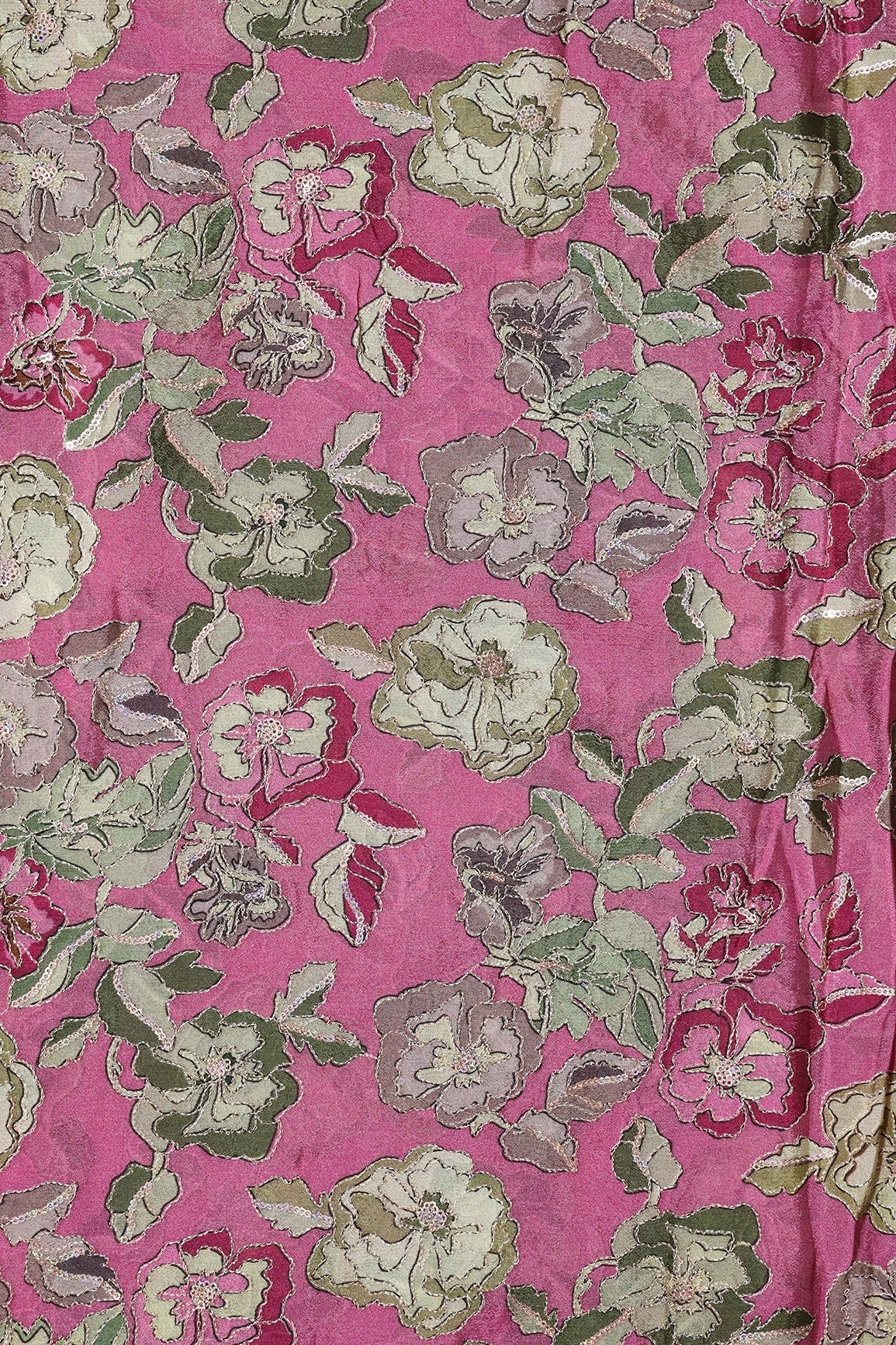 Beautiful Floral Position Print On Sequins Embroidery Pink Viscose Chinnon Chiffon Fabric - doeraa