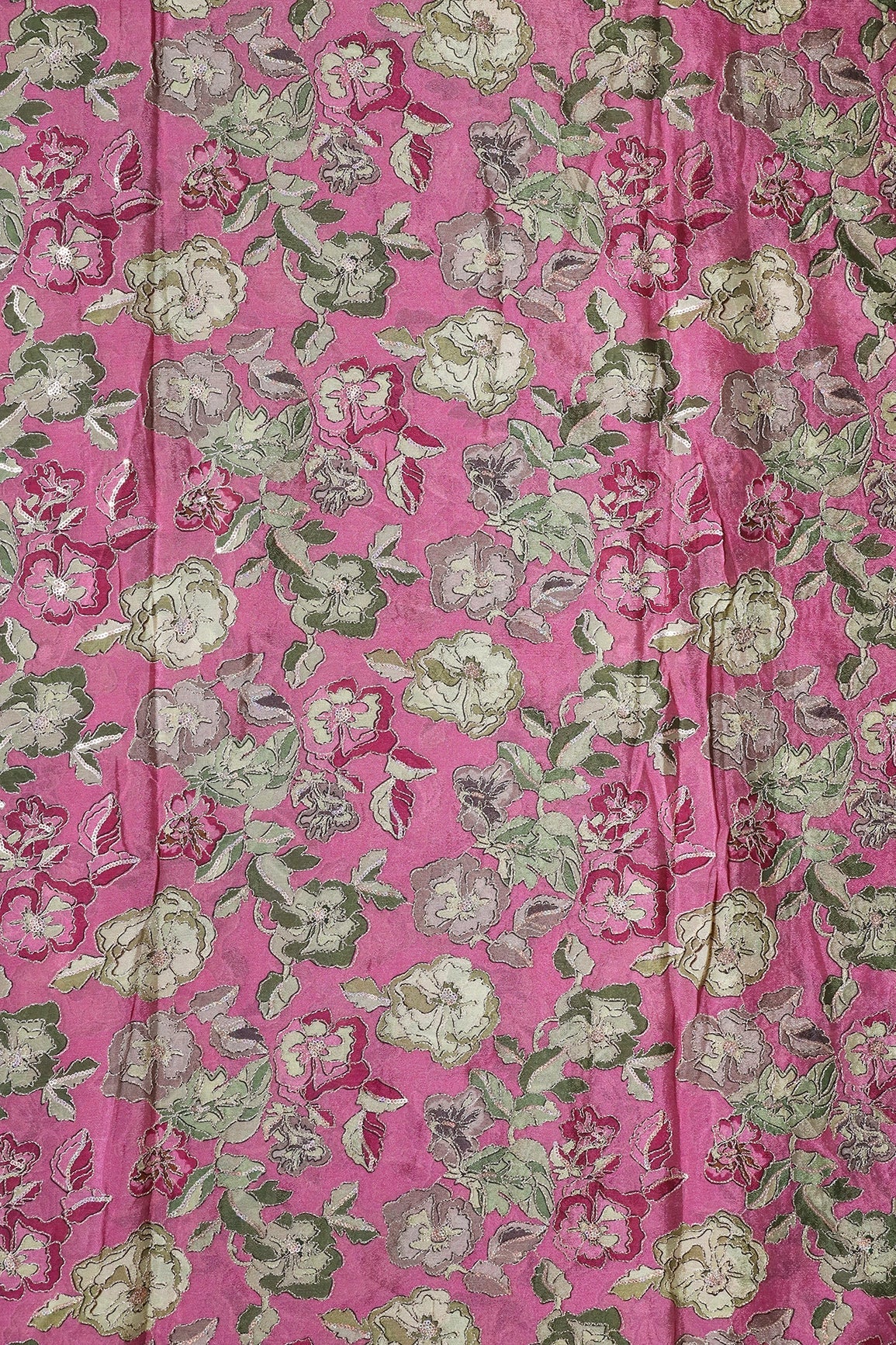Beautiful Floral Position Print On Sequins Embroidery Pink Viscose Chinnon Chiffon Fabric - doeraa