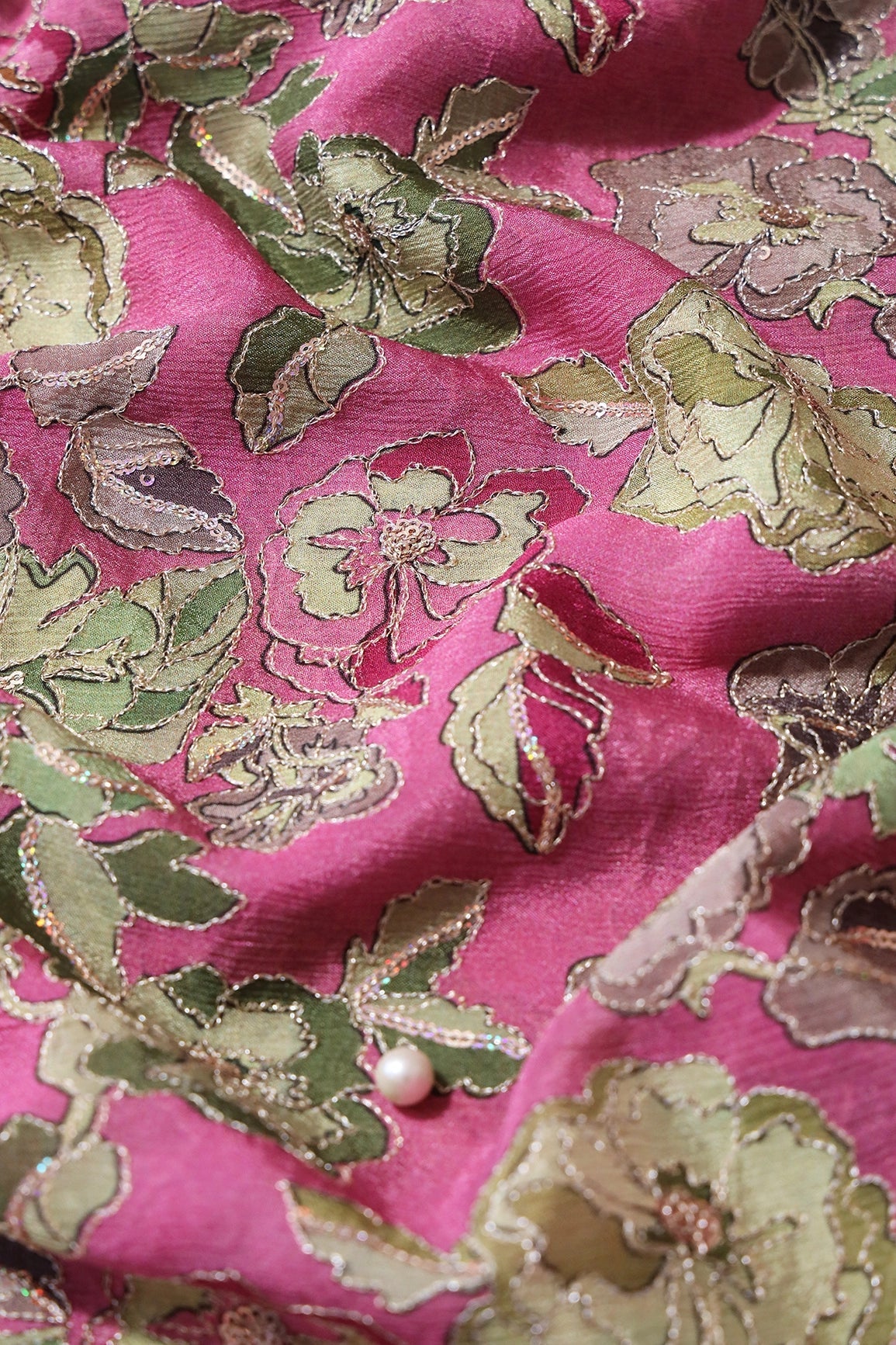Beautiful Floral Position Print On Sequins Embroidery Pink Viscose Chinnon Chiffon Fabric - doeraa