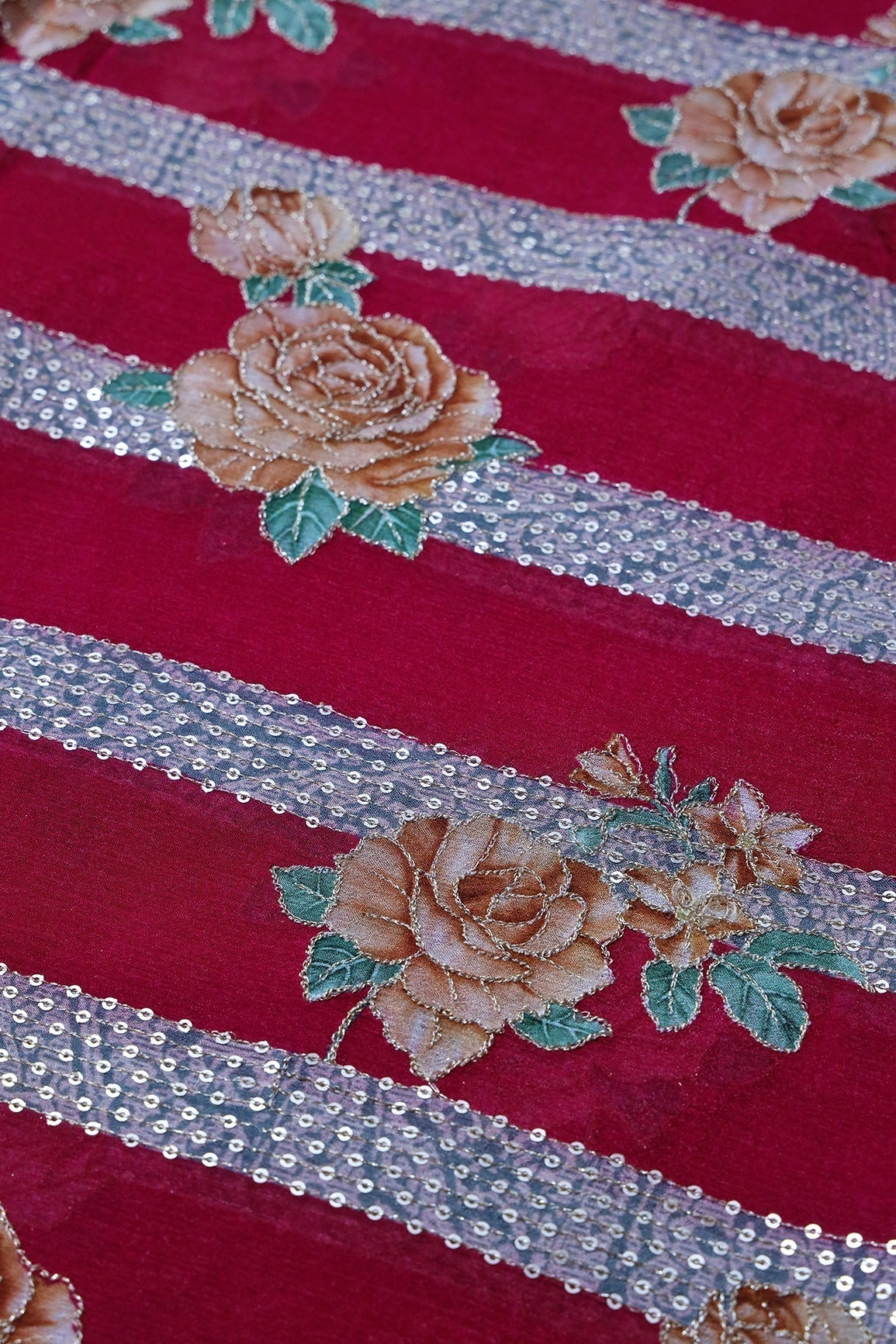Beautiful Floral With Stripes Position Print On Sequins Embroidery Fuchsia Viscose Chinnon Chiffon Fabric - doeraa
