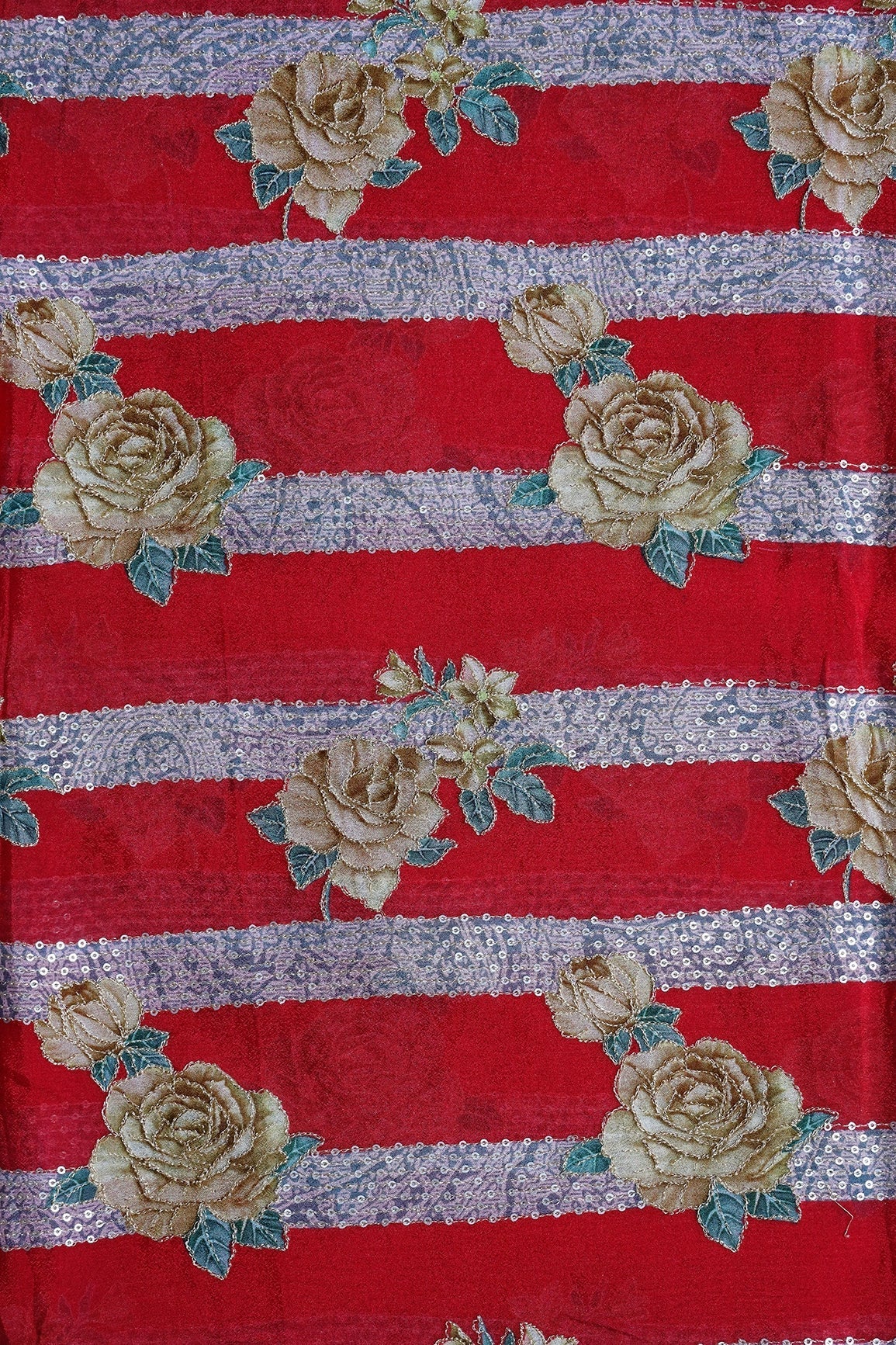 Beautiful Floral With Stripes Position Print On Sequins Embroidery Red Viscose Chinnon Chiffon Fabric - doeraa