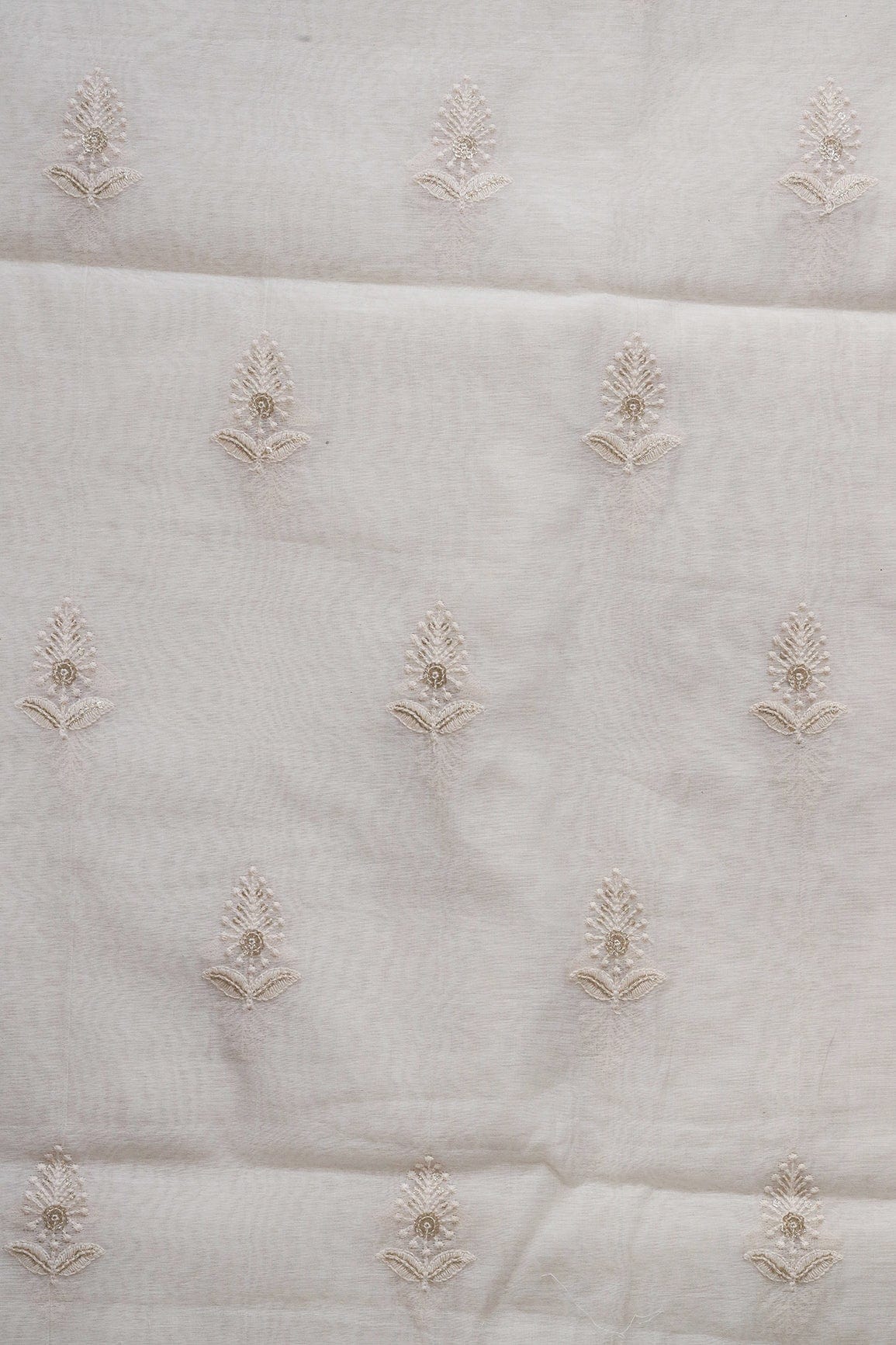 Beautiful Gold Sequins With Leafy Embroidery On Cream Pure Chanderi Silk Fabric - doeraa