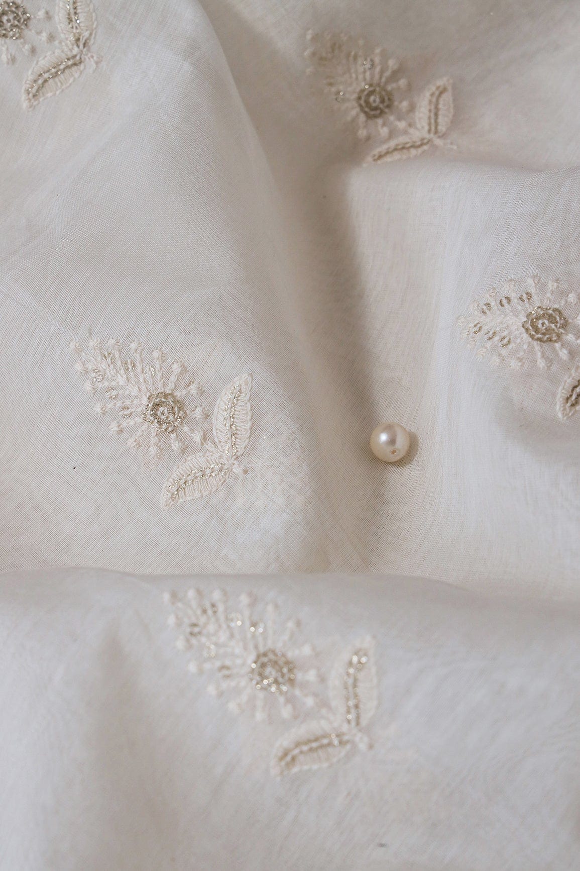 Beautiful Gold Sequins With Leafy Embroidery On Cream Pure Chanderi Silk Fabric - doeraa