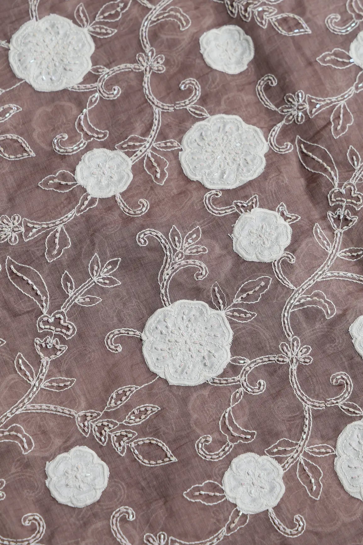 Beautiful Heavy Patch Work With Beads Floral Embroidery Design On Dark Mauve Pure Mul Chanderi Silk Fabric - doeraa