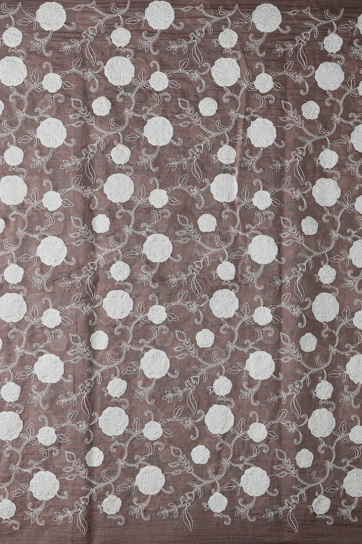 Beautiful Heavy Patch Work With Beads Floral Embroidery Design On Dark Mauve Pure Mul Chanderi Silk Fabric - doeraa