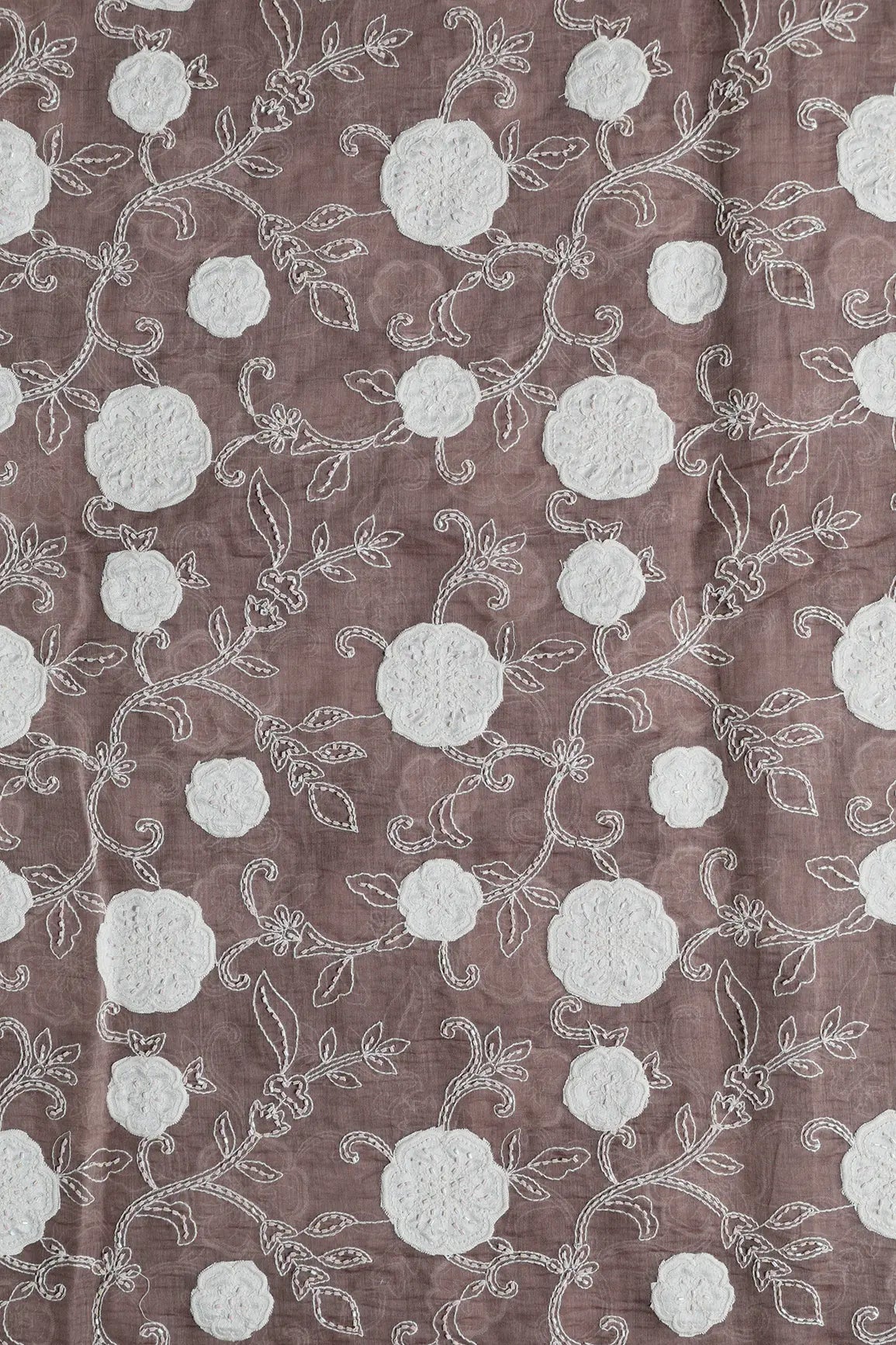 Beautiful Heavy Patch Work With Beads Floral Embroidery Design On Dark Mauve Pure Mul Chanderi Silk Fabric - doeraa