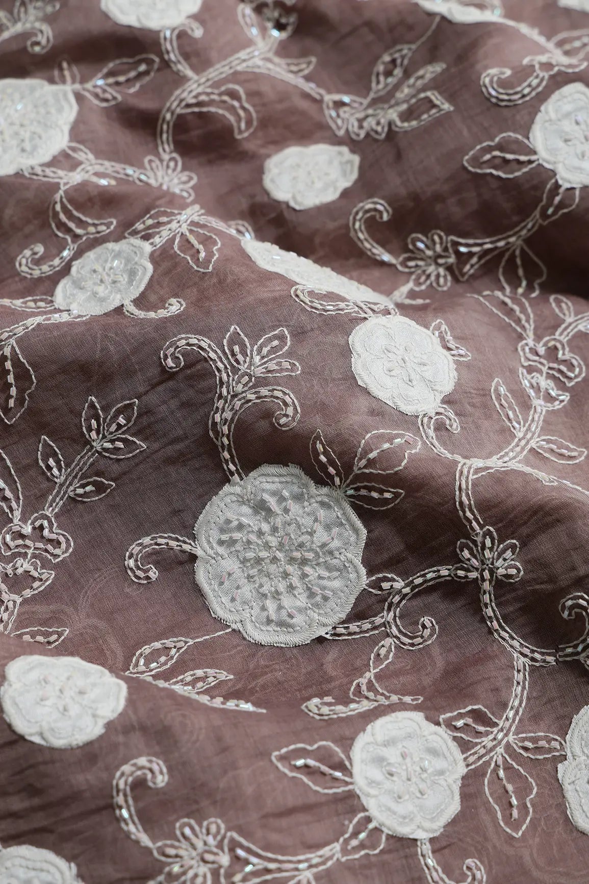 Beautiful Heavy Patch Work With Beads Floral Embroidery Design On Dark Mauve Pure Mul Chanderi Silk Fabric - doeraa
