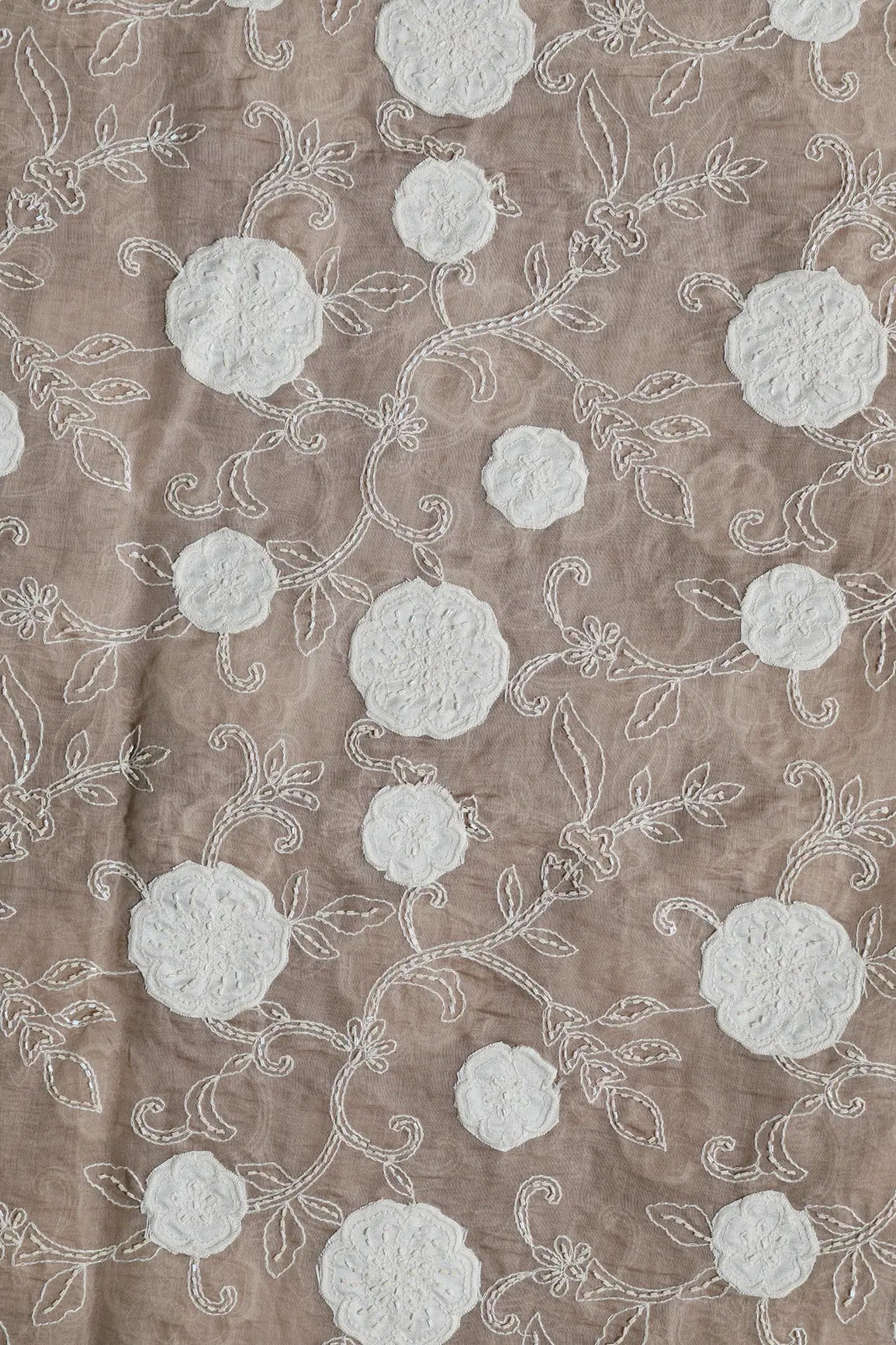 Beautiful Heavy Patch Work With Beads Floral Embroidery Design On Light Brown Pure Mul Chanderi Silk Fabric - doeraa