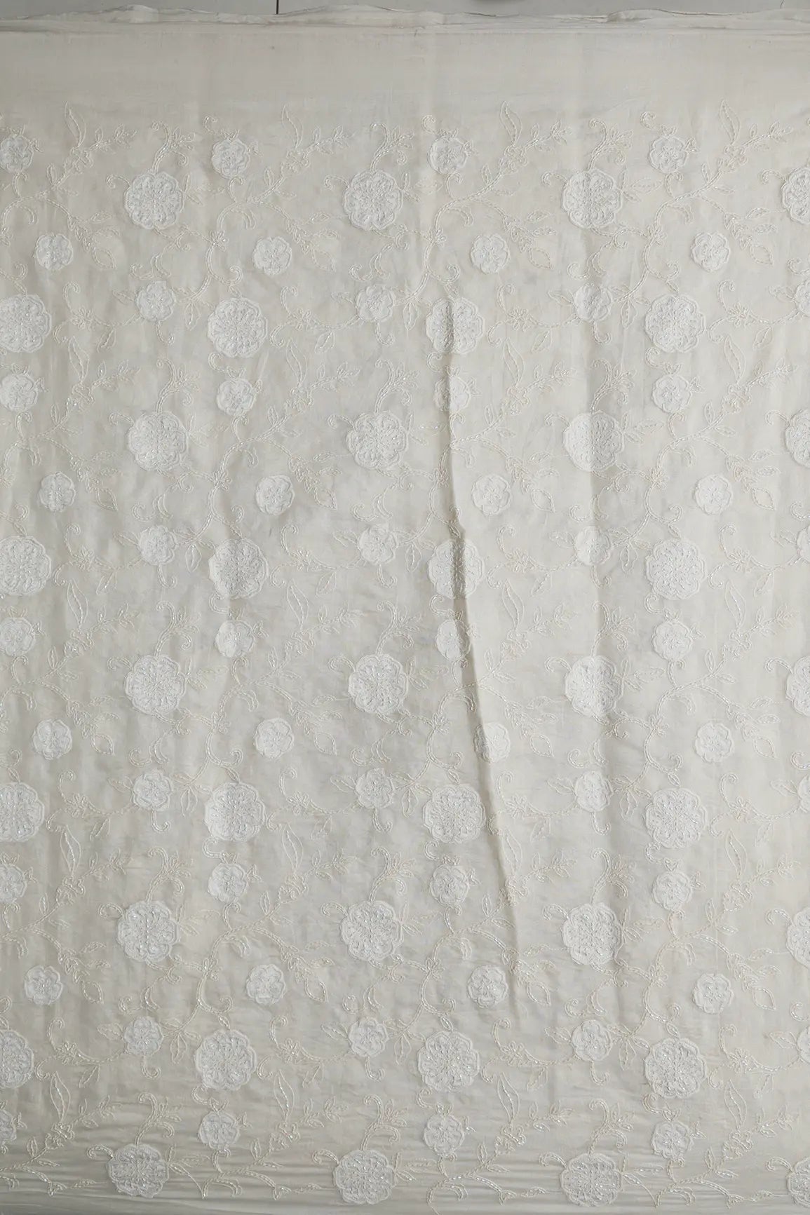 Beautiful Heavy Patch Work With Beads Floral Embroidery Design On Off White Pure Mul Chanderi Silk Fabric - doeraa