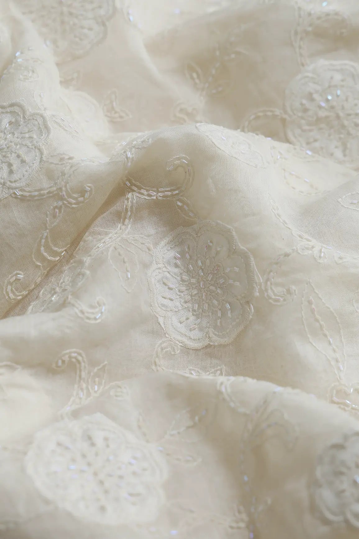Beautiful Heavy Patch Work With Beads Floral Embroidery Design On Off White Pure Mul Chanderi Silk Fabric - doeraa