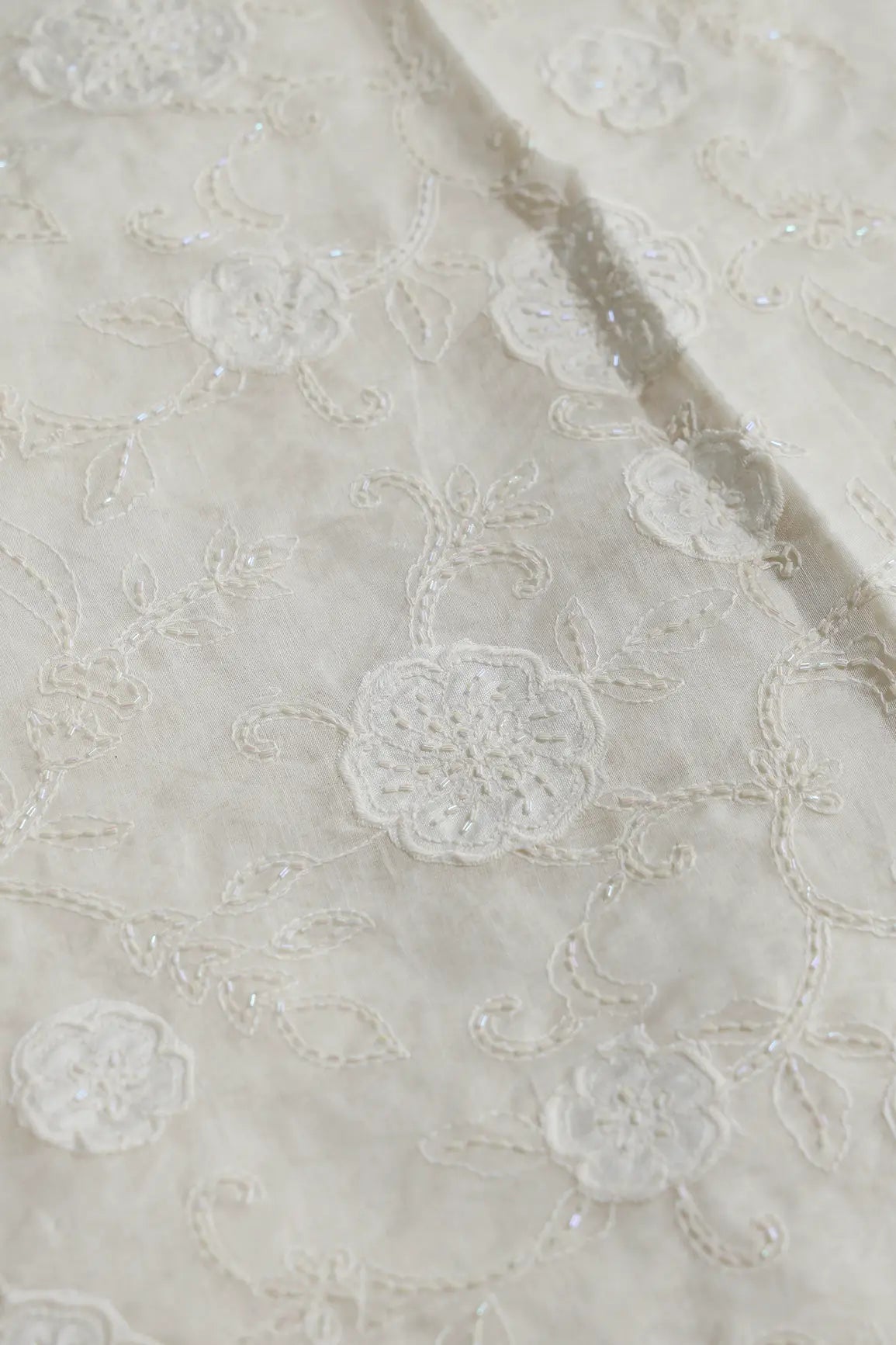 Beautiful Heavy Patch Work With Beads Floral Embroidery Design On Off White Pure Mul Chanderi Silk Fabric - doeraa