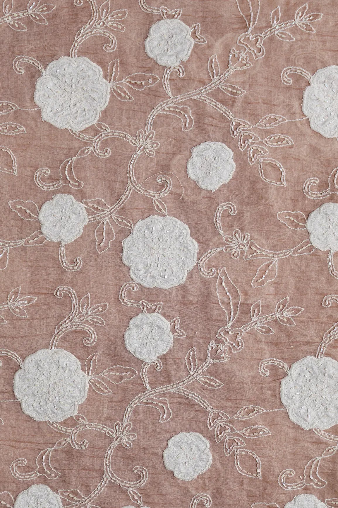 Beautiful Heavy Patch Work With Beads Floral Embroidery Design On Peach Pure Mul Chanderi Silk Fabric - doeraa