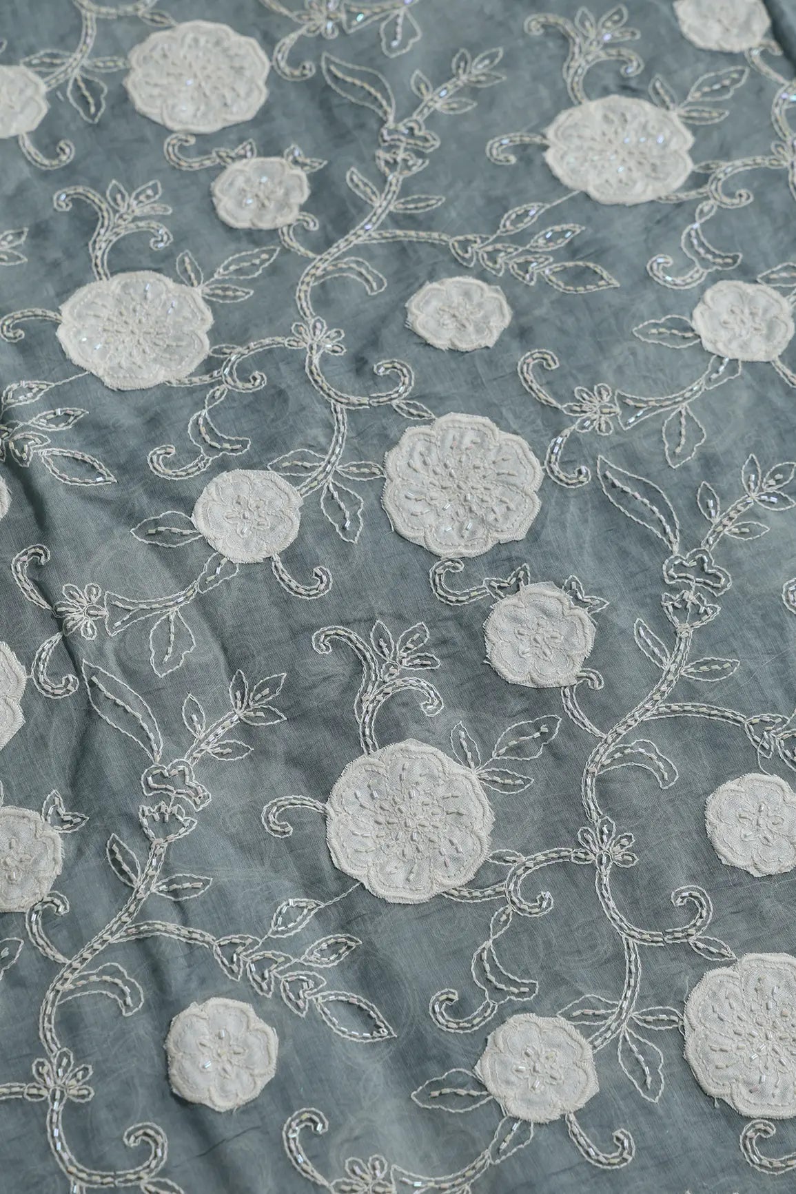 Beautiful Heavy Patch Work With Beads Floral Embroidery Design On Tempered Grey Pure Mul Chanderi Silk Fabric - doeraa