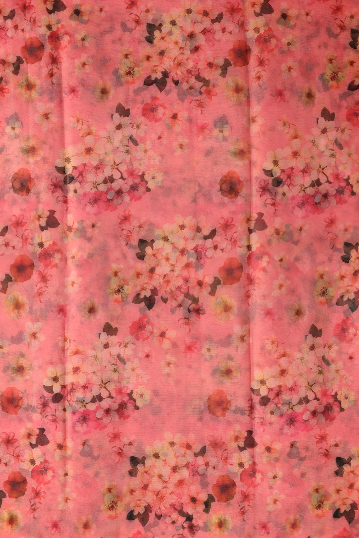 Beautiful Multi Color Floral Digital Print On Peach Organza Fabric - doeraa