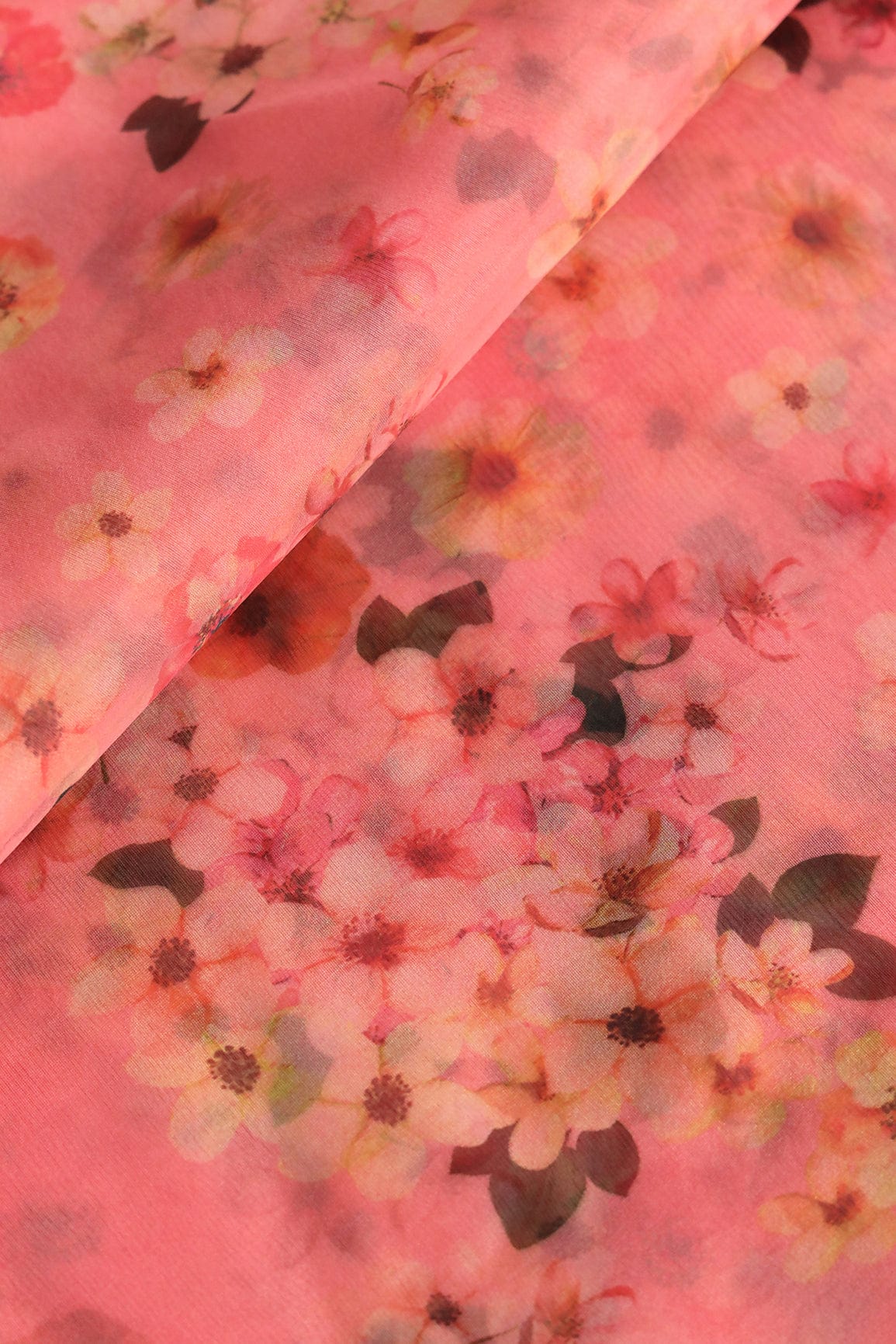 Beautiful Multi Color Floral Digital Print On Peach Organza Fabric - doeraa