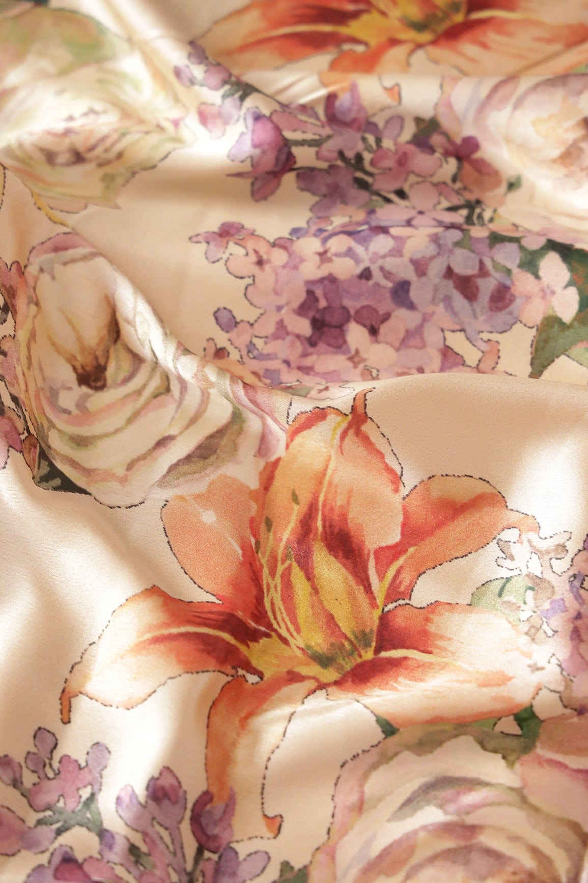Beautiful Multi Color Floral Pattern Digital Print On Cream Satin Fabric - doeraa