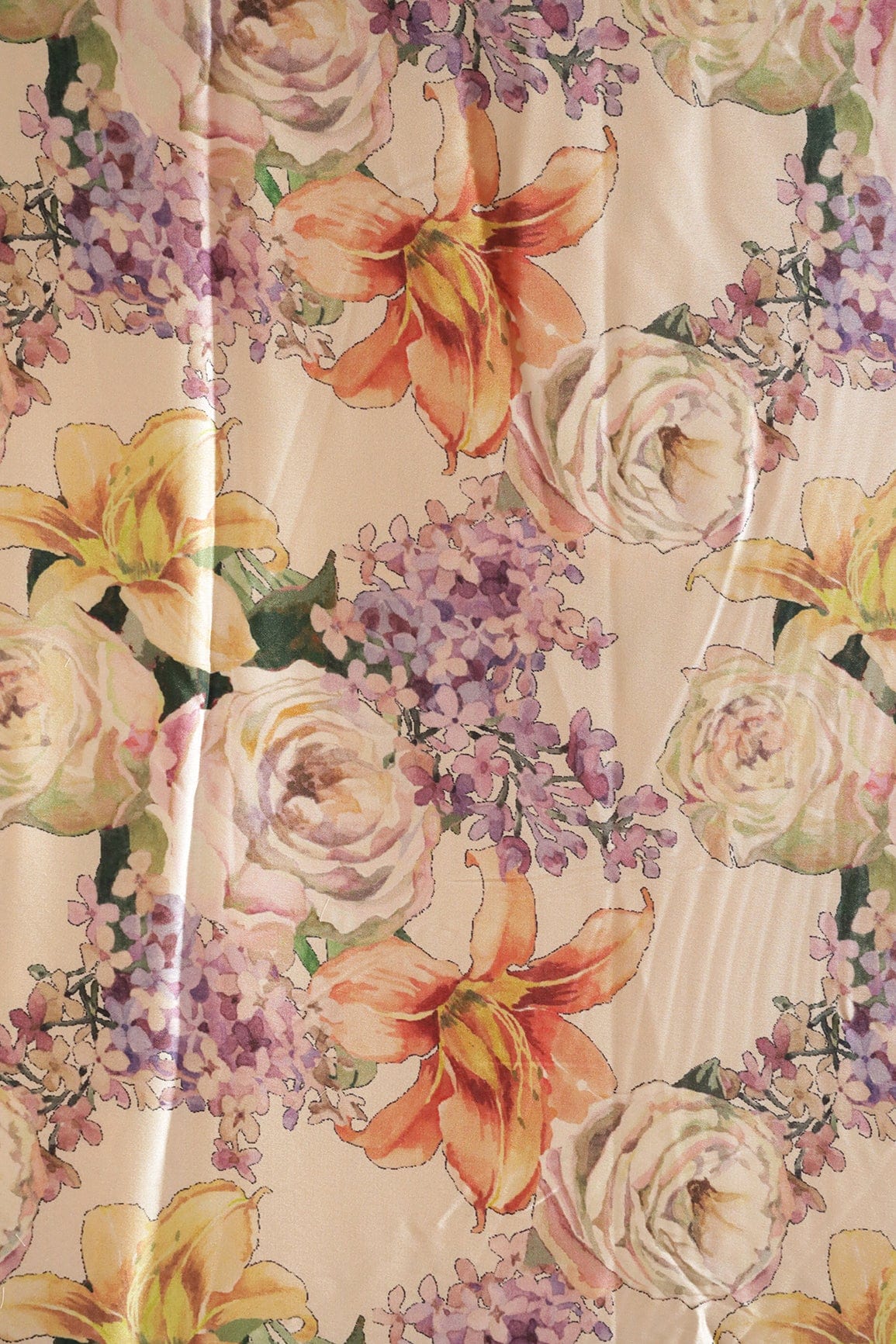 Beautiful Multi Color Floral Pattern Digital Print On Cream Satin Fabric - doeraa