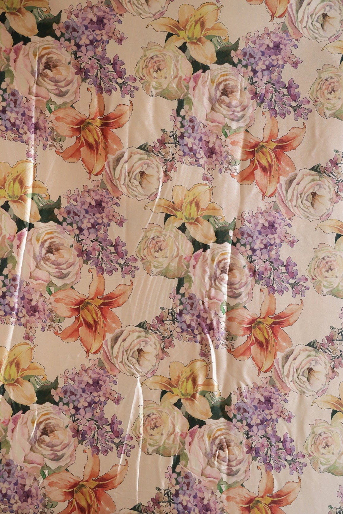 Beautiful Multi Color Floral Pattern Digital Print On Cream Satin Fabric - doeraa